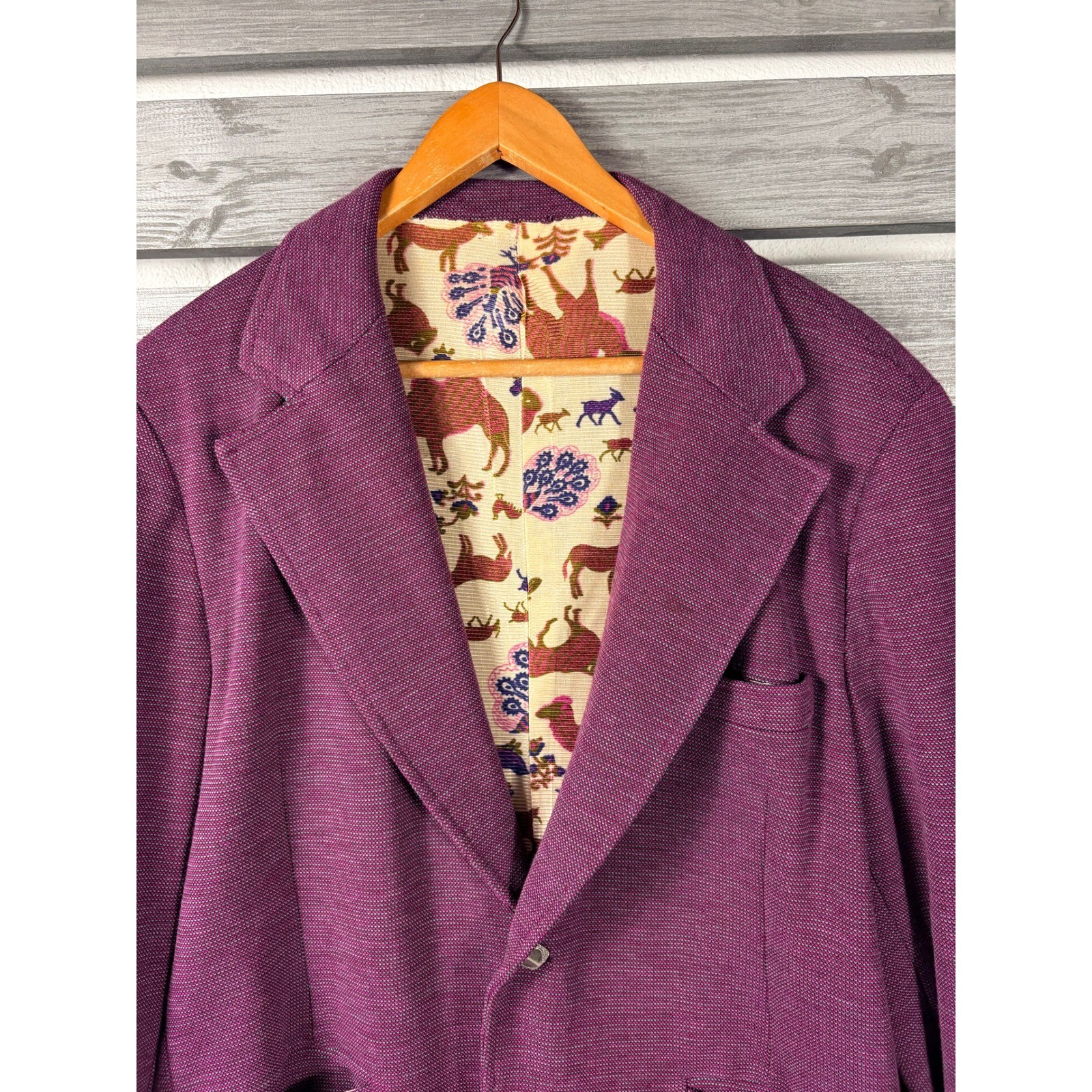 Vintage 70s Handmade Purple Knit Blazer Animal Print Leisure Suit Disco Mens 44