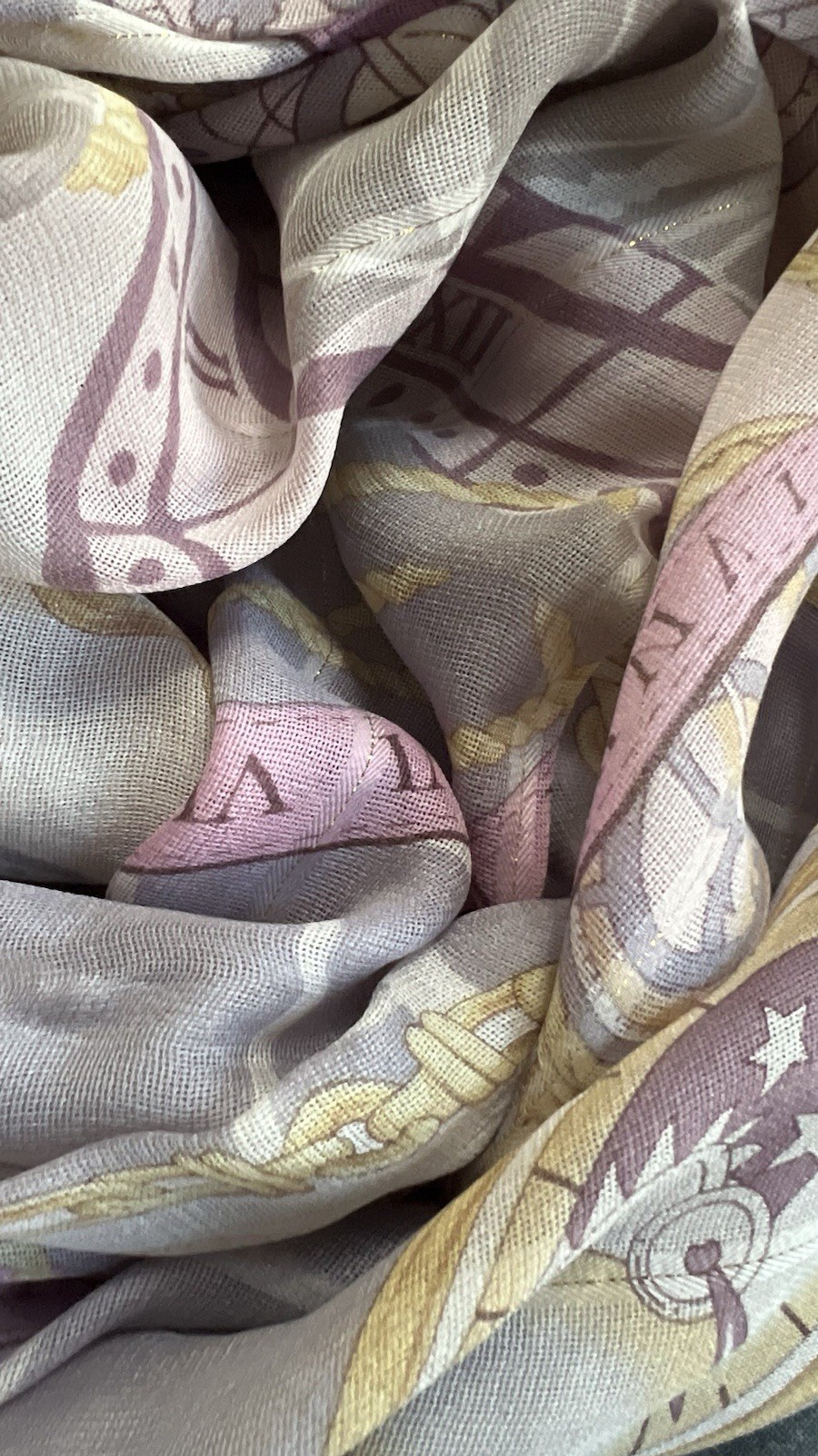 Renoma Vintage Silk Scarf Pink Lavender Clock Print Shawl Wrap Gold Metallic Gor