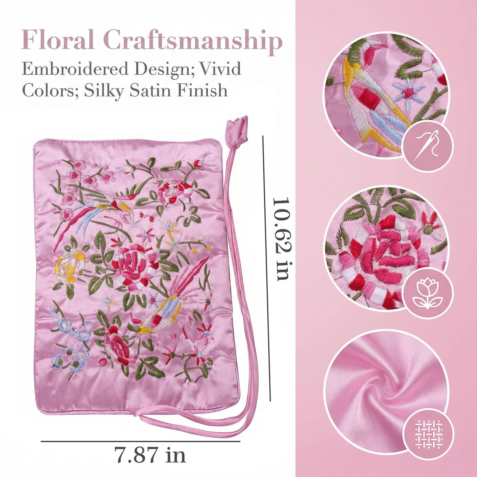 KGCGJVB Travel Jewelry Bag Roll Embroidered Flower Bird Brocade Pink pink