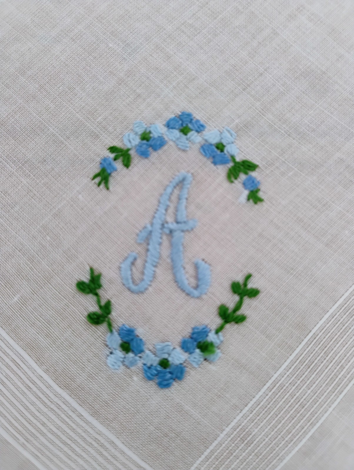 Vgt A Monogram Blue Embroidery White Cotton Shadows Hankie Handkerchief