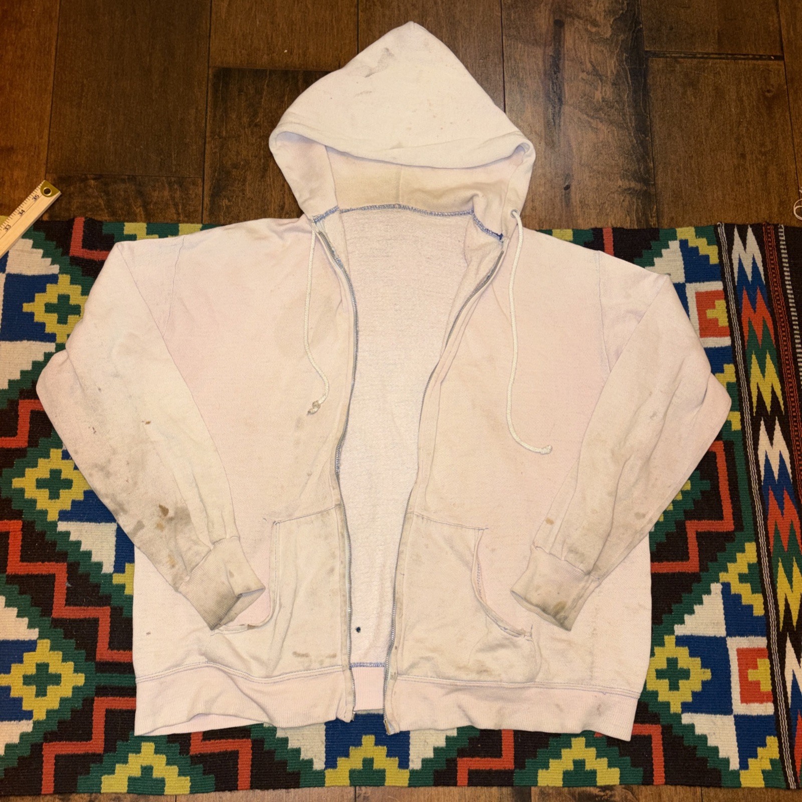 Men’s Vintage Zip-Up Hoodie Sweatshirt Med L, Off White, Two-Tone, 1950s-1960s