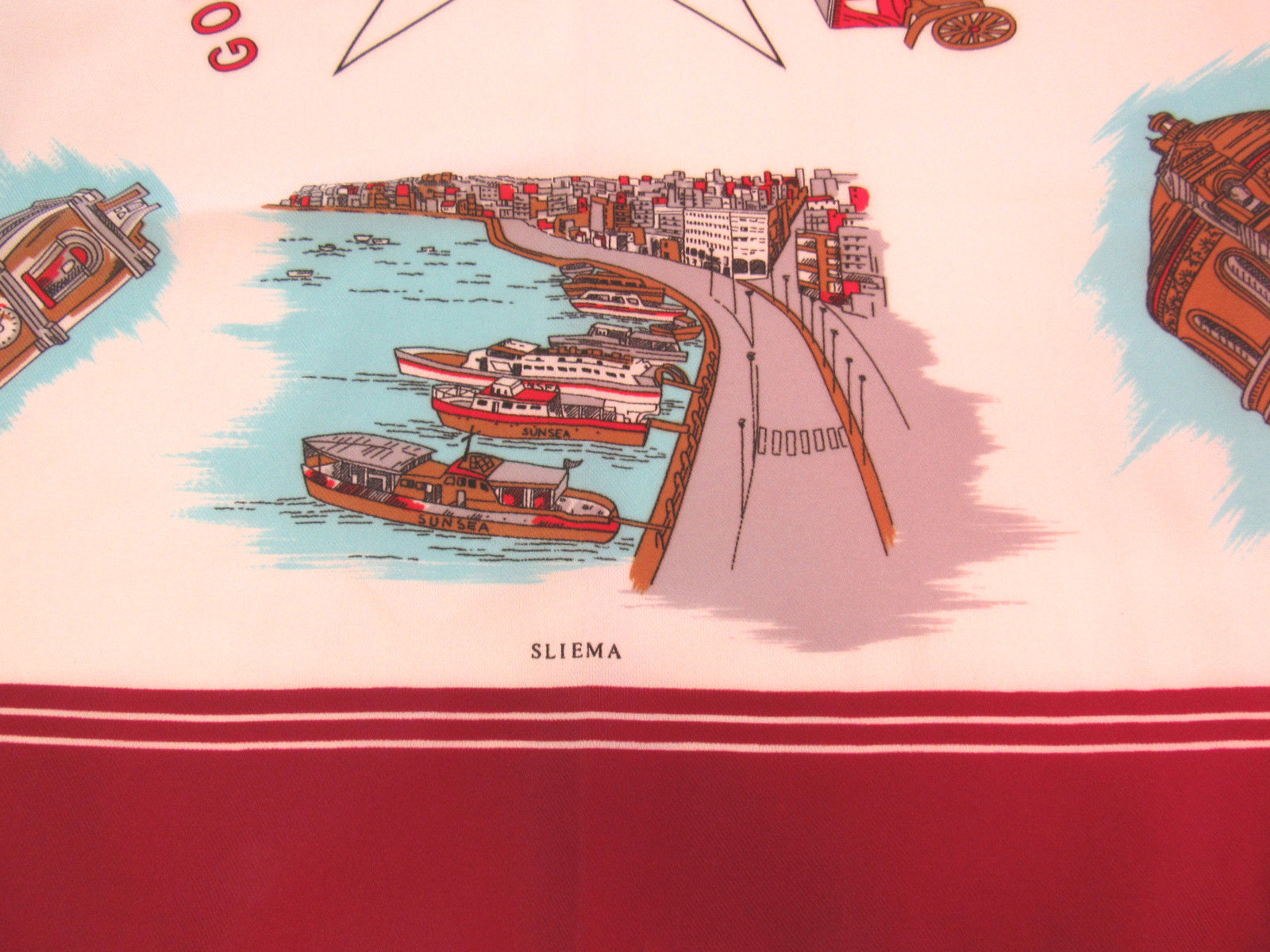 VINTAGE 70s 80s ALBERTO SERRA MALTA COMMEMORATIVE SCARF POLY 30″ by 30 1/2″