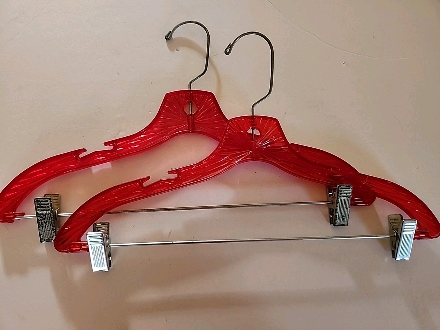Vintage Clothes Hangers RED Plastic Ice Crystal Starburst Prism Set of 2 MCM