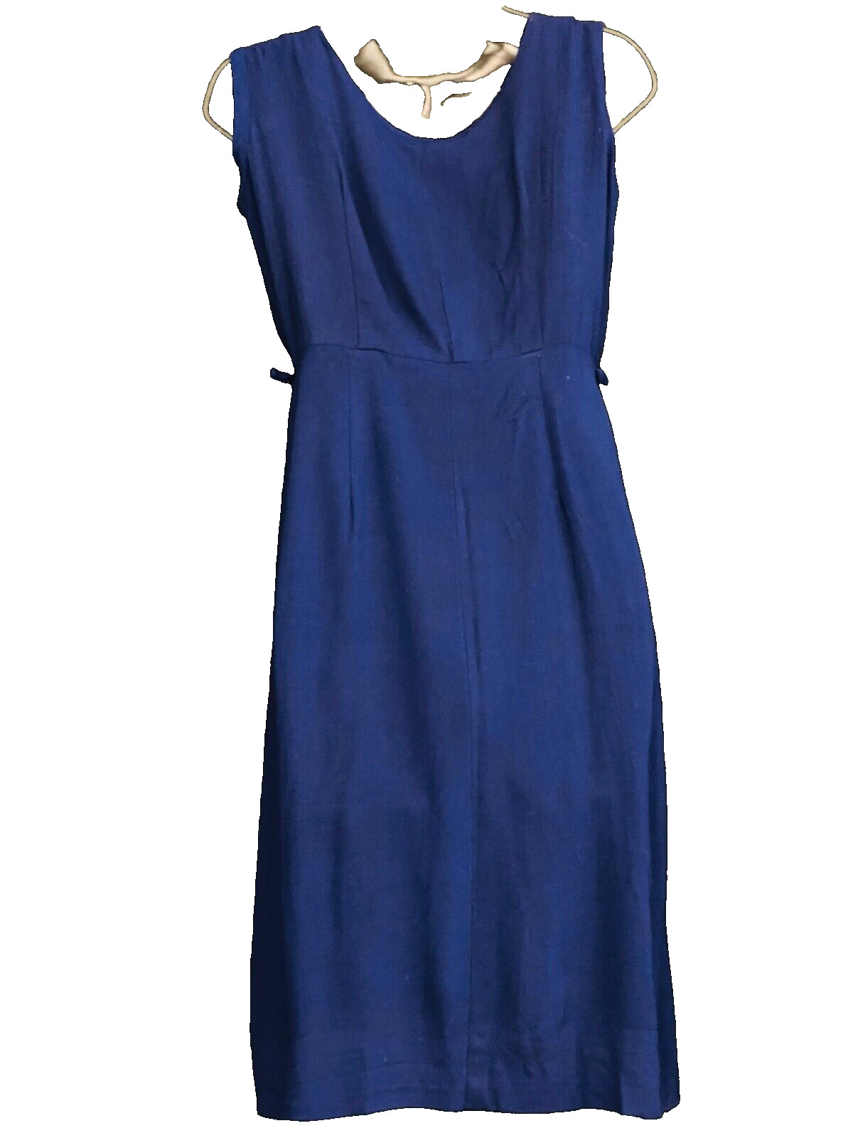 Vintage 1960s navy blue sleeveless dress, cotton linen summer pin up shift S