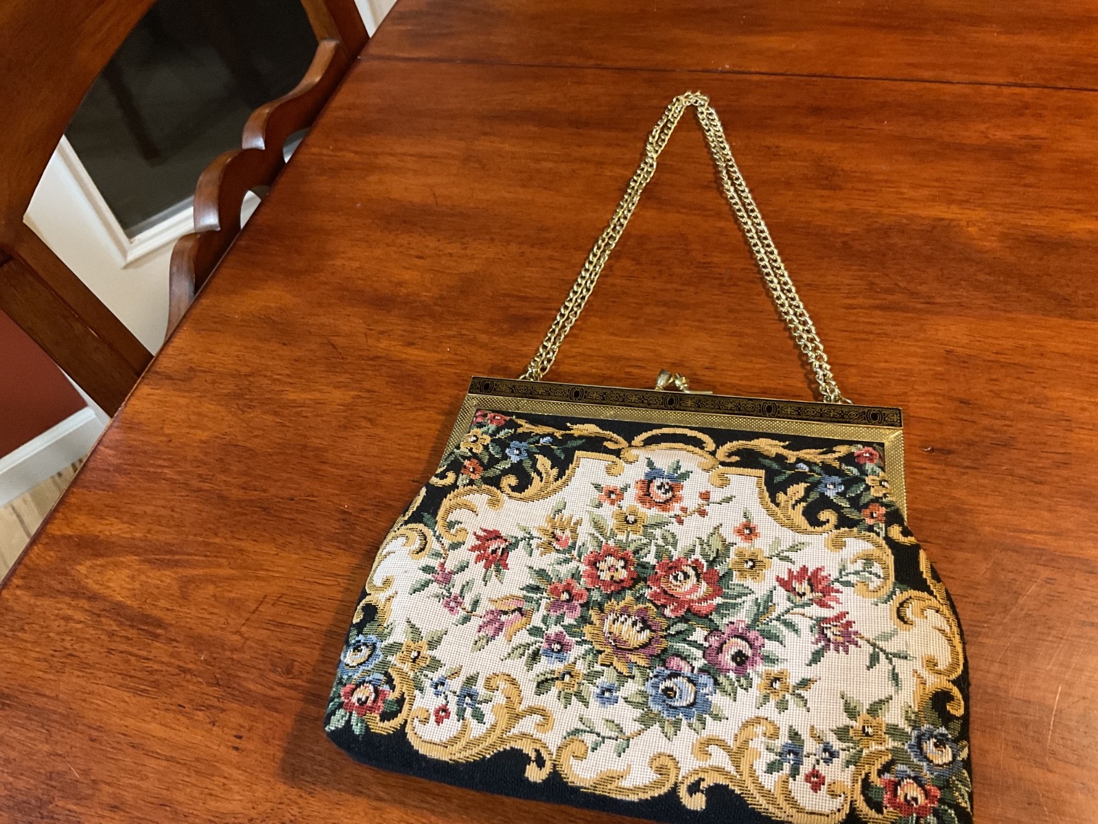 Floral Tapestry Frame Evening Bag Black Multi-Color Metal Chain Handle Clasp