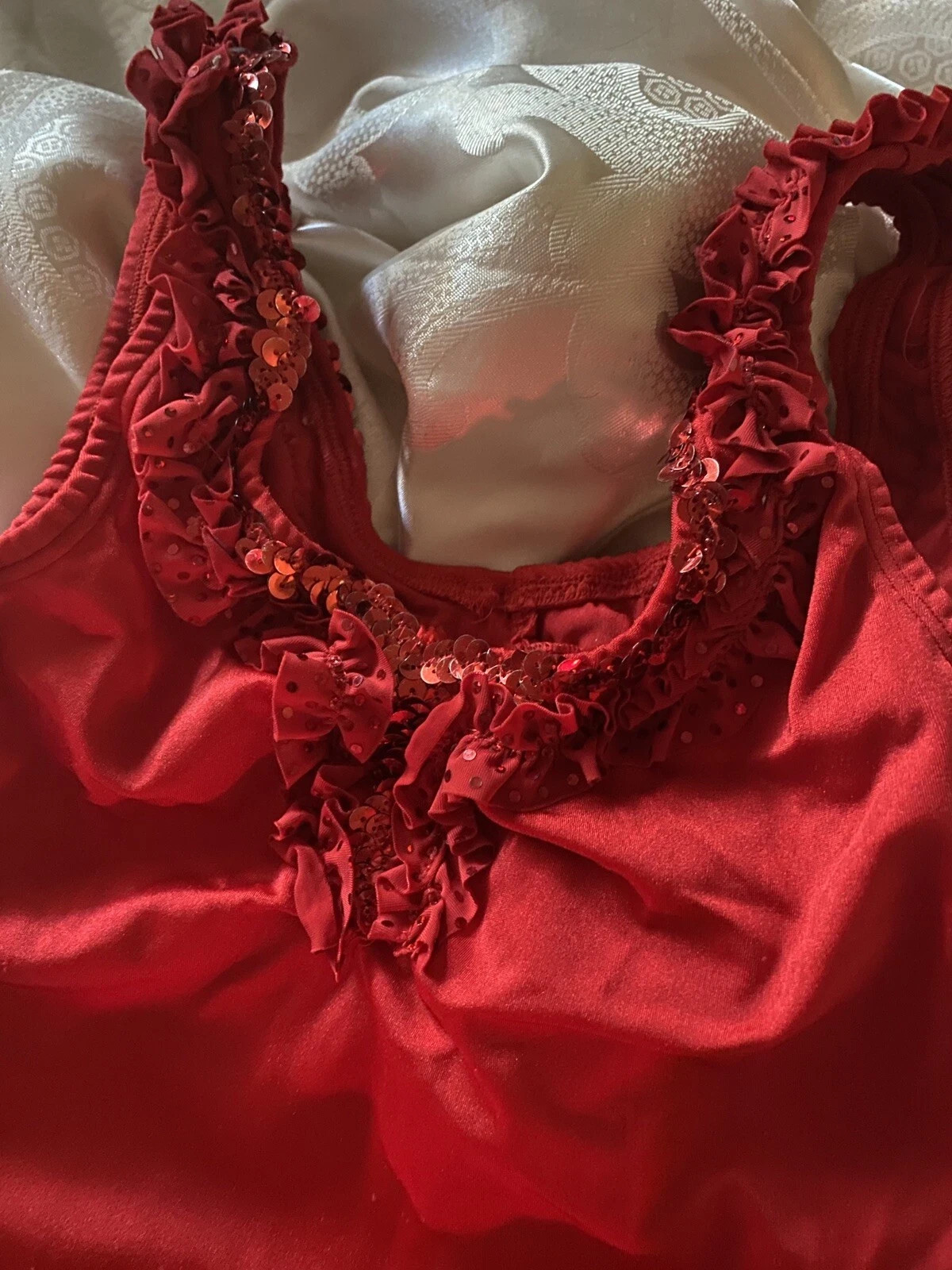 VTG SATIN SHINY LEOTARD BATHING SUIT EITHER GLAM BOMBSHELL AVANT FRILL S 32/34