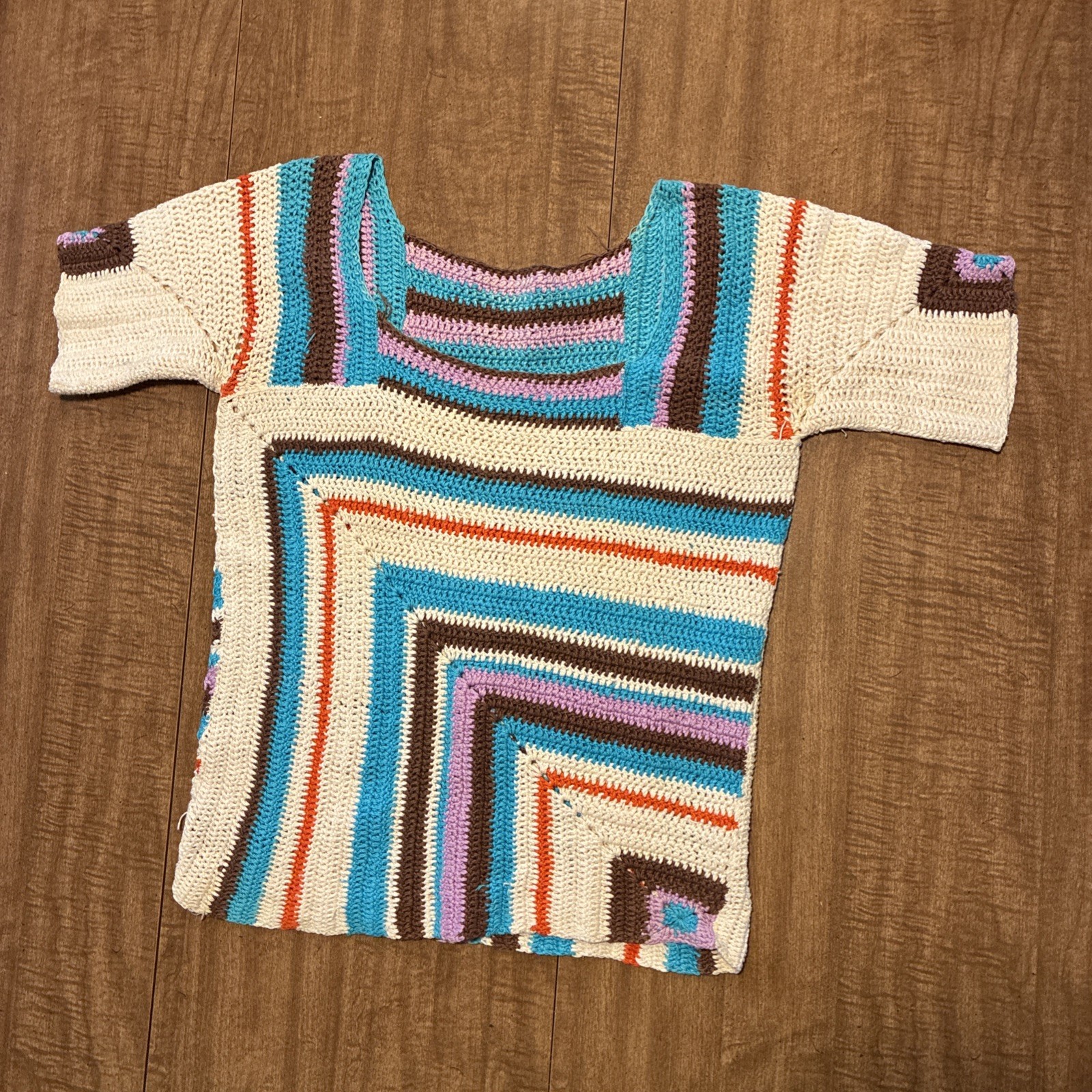 Handmade Crochet Mitered Square Top Boho Striped Short Sleeve Shirt Women Med/L