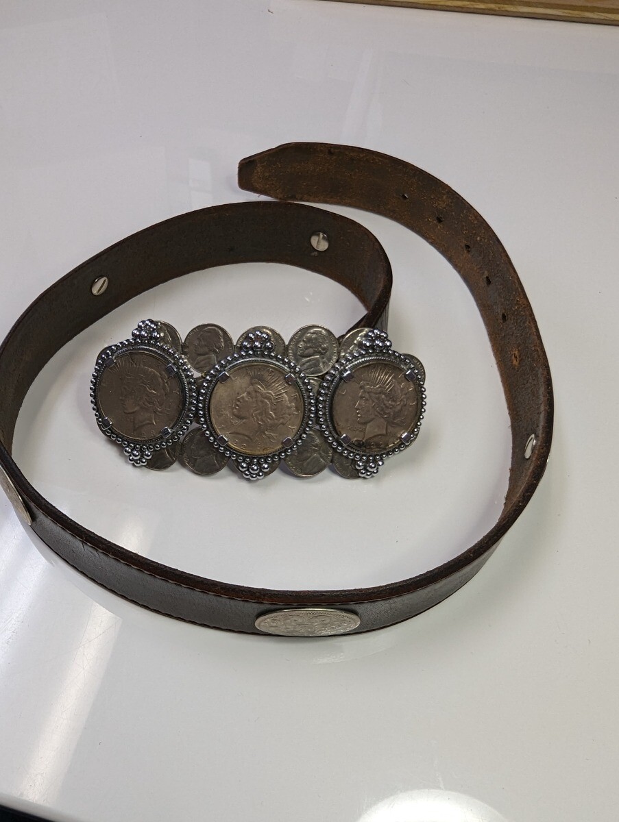 Silver Peace Dollar Belt Buckle and Leather Belt with Silver Accents 40 Inches