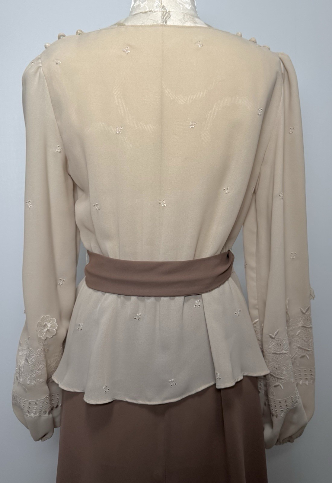 Vintage 70s Lace Appliqué Blouse Skirt Set M Sheer Romantic Chiffon Midi