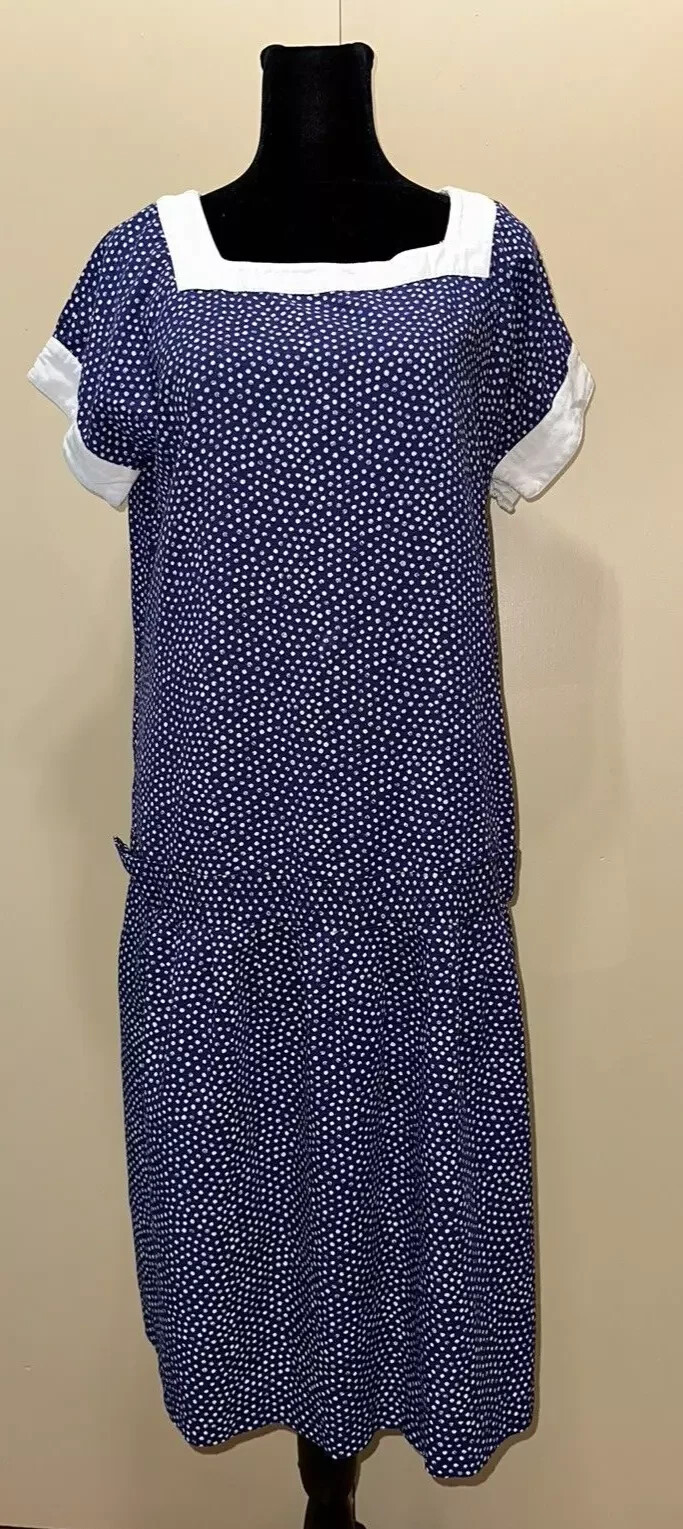 Vintage 1960s Mothers Work Maternity Dress Blue Polka Dot Drop Waist s114