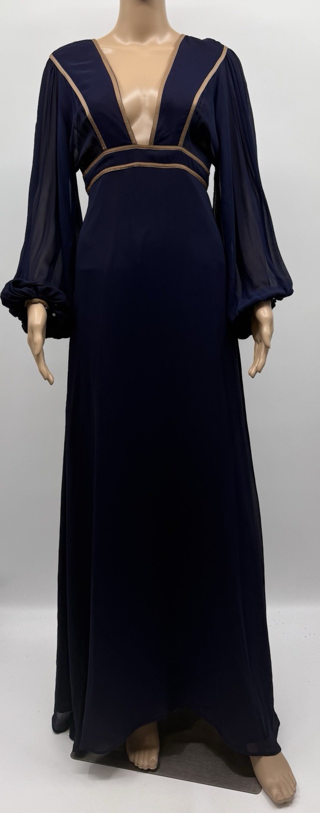 Janice Wainwright Vintage Empire Waist Blue Silk Gown 70s Edwardian SZ 12 *RARE*