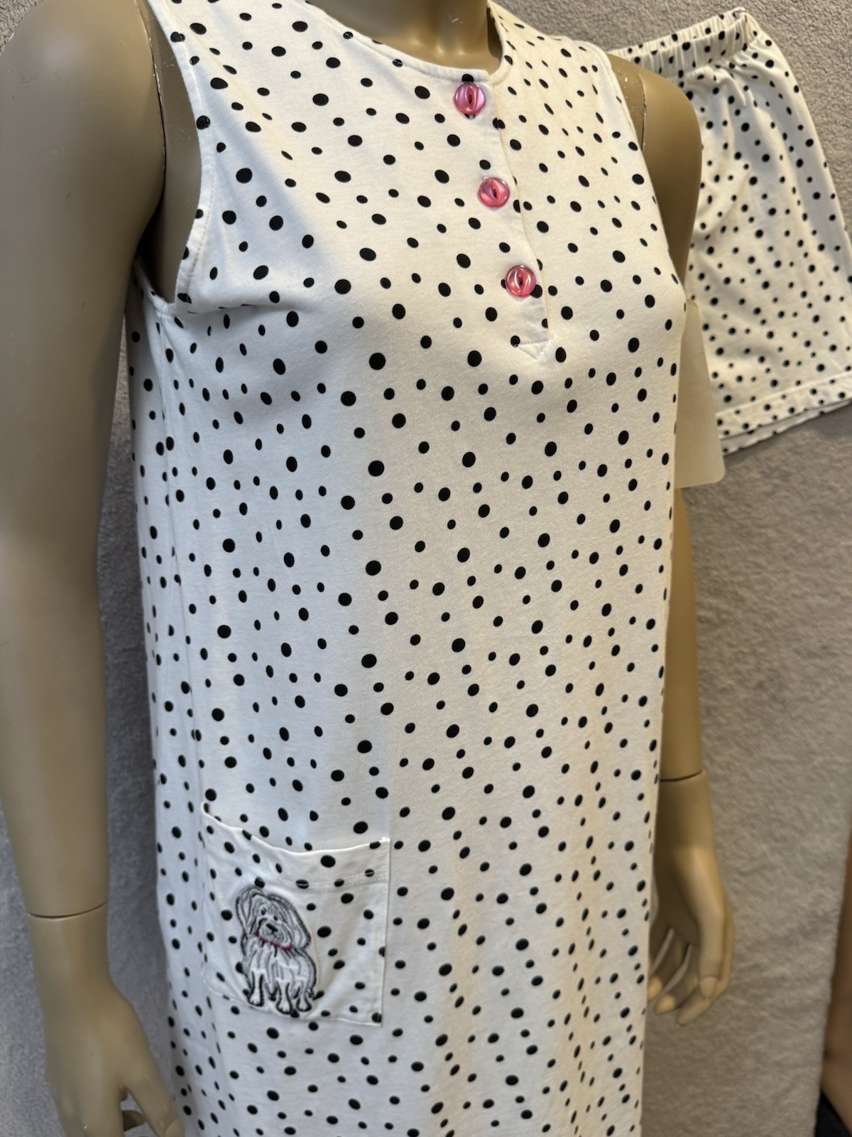 VTG Shadowline “Comforts” Cotton 2 Pc Night Gown & Shorts Polka Dots Dog NEW 90s