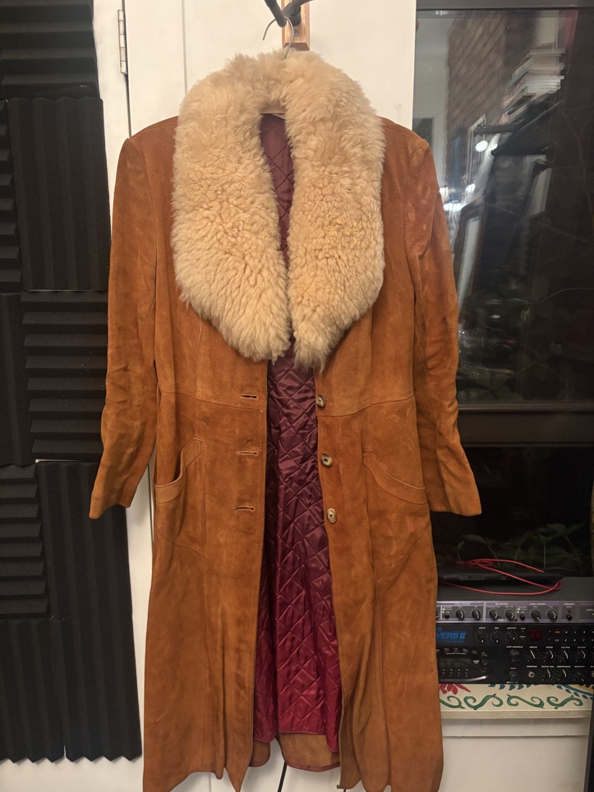 Vintage 70s Genuine Suede Maxi Coat w/ Ivory Curly Shearling Collar | Cognac Lea