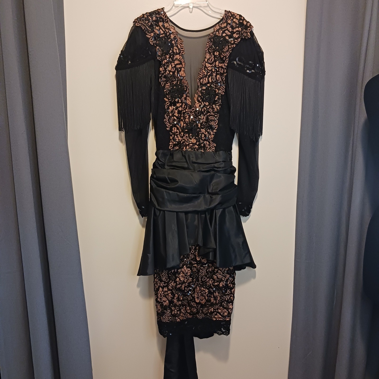Vintage Janine 80s Goth Party Dress Black Bronze Metallic Lace Fringe Sequin S