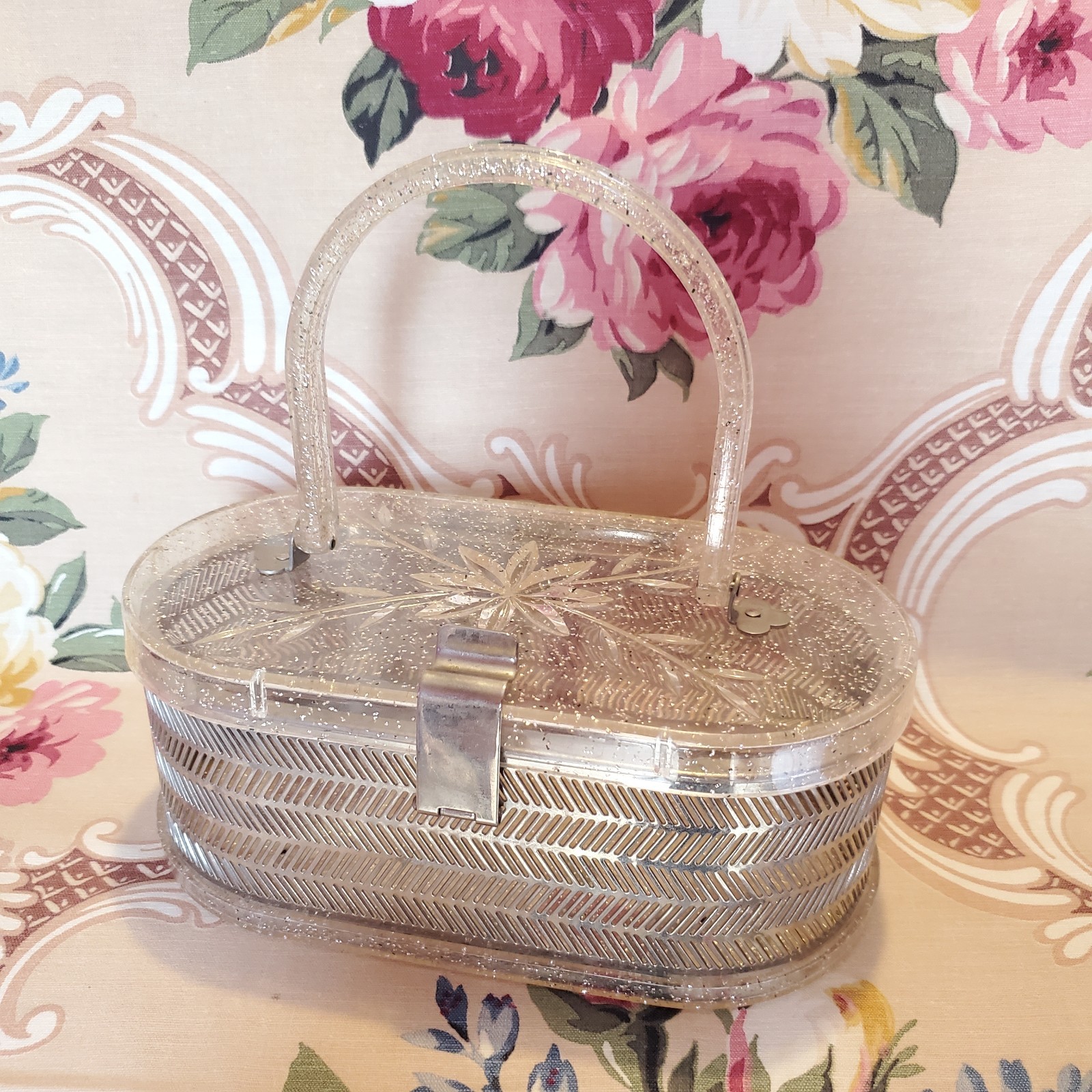 Vintage Lucite Plastic Glitter Metal Handbag Purse clear usa