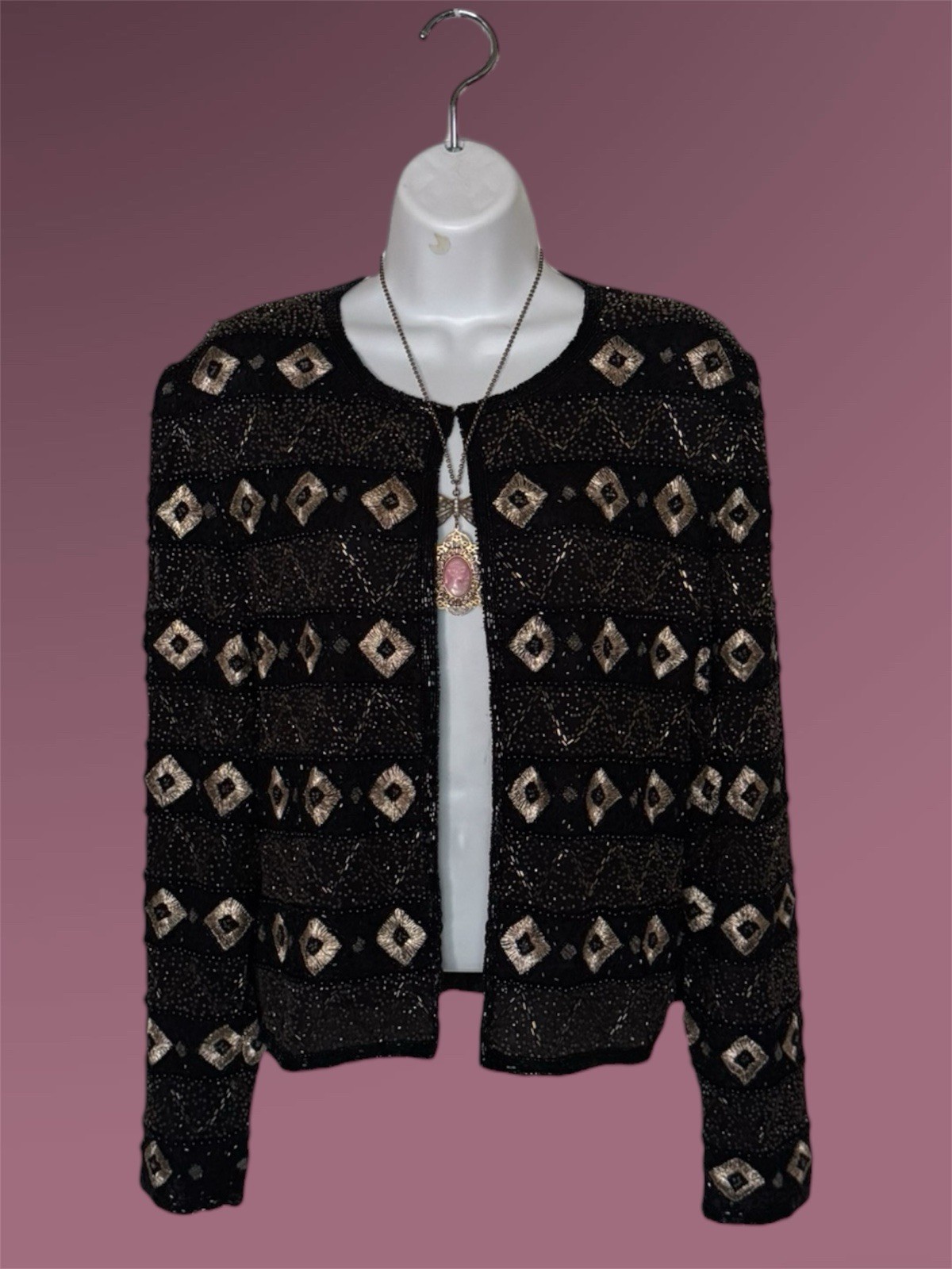 Vintage 80’s Glam Papell Boutique Beaded Jacket, Silk, Embroidered (Size M)