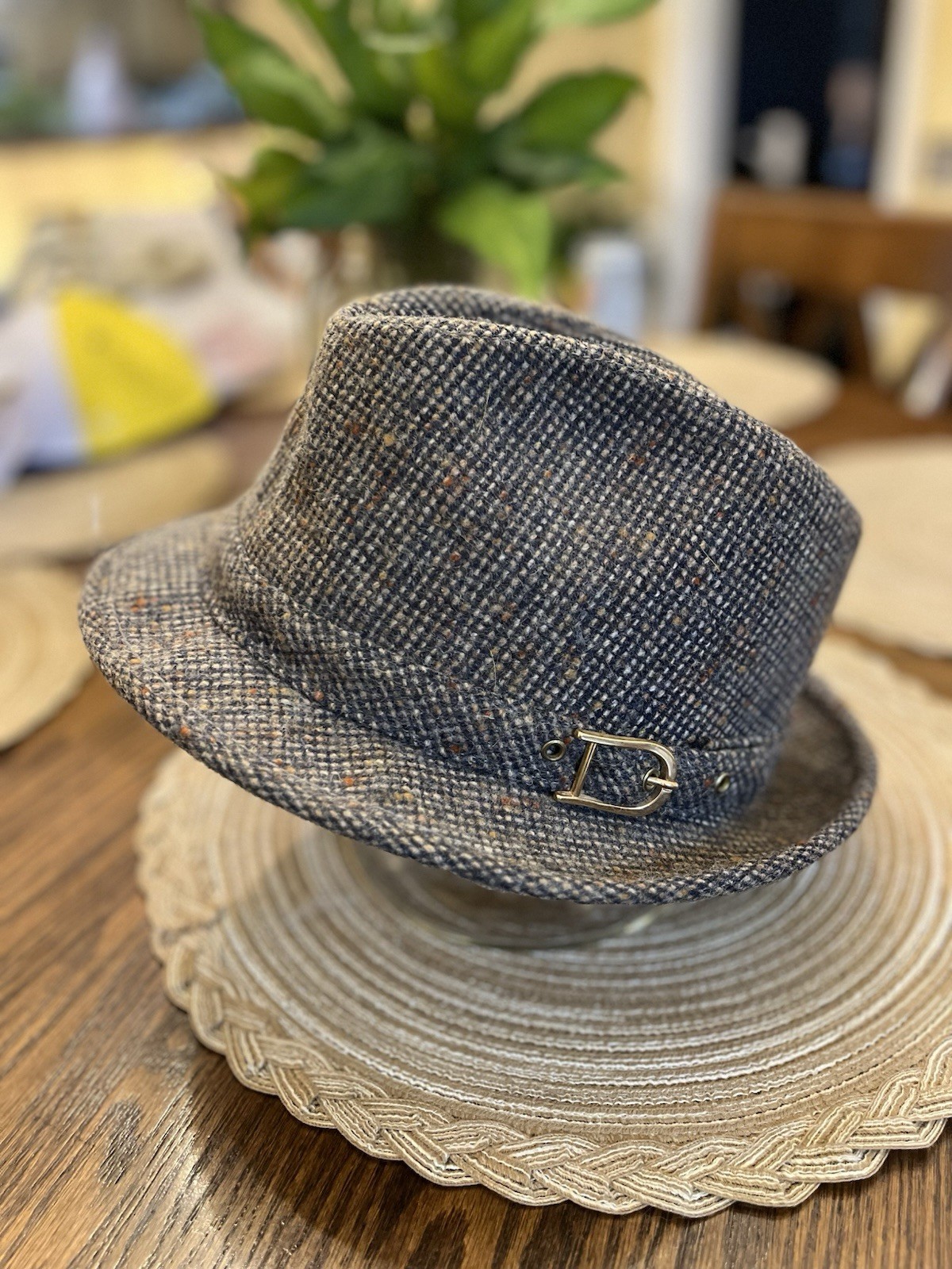 JCPenney vintage gray wool tweed fedora With gold buckle on the side Band