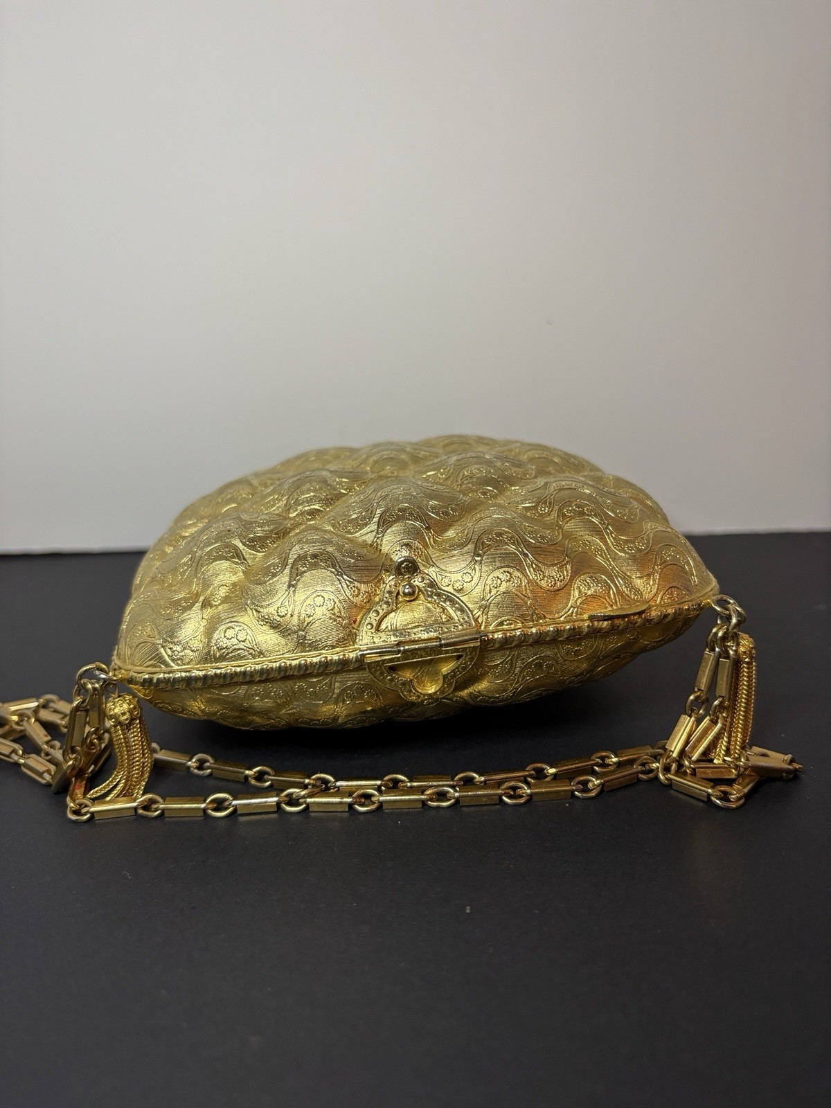 VTG Rare 70s Italian Rosenfeld Floral Embossed Gilded Metal Purse Art Deco Chic