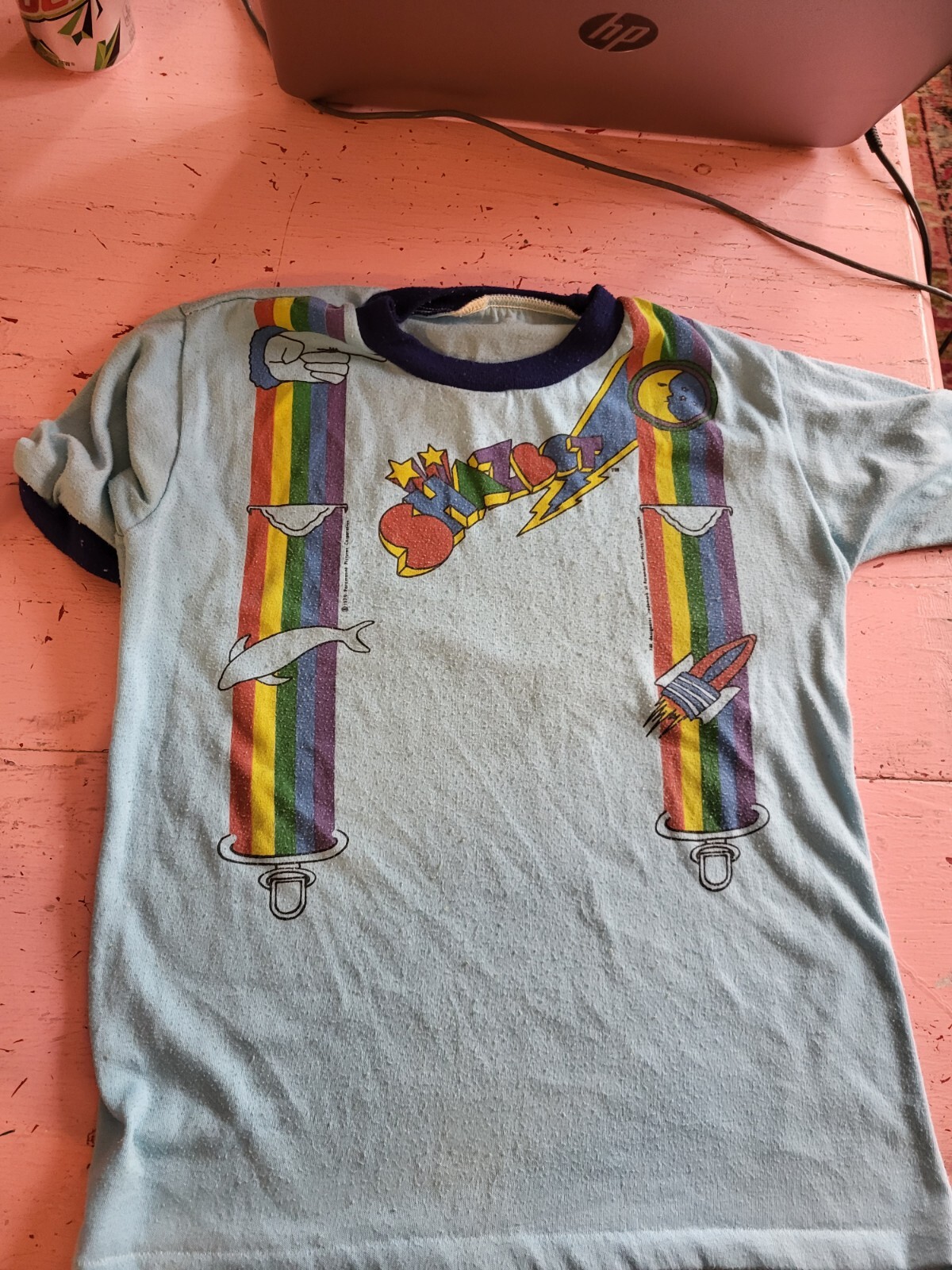 Vintage RARE 1970s Shazbot Mork & Mindy blue graphic tee shirt rainbow suspender