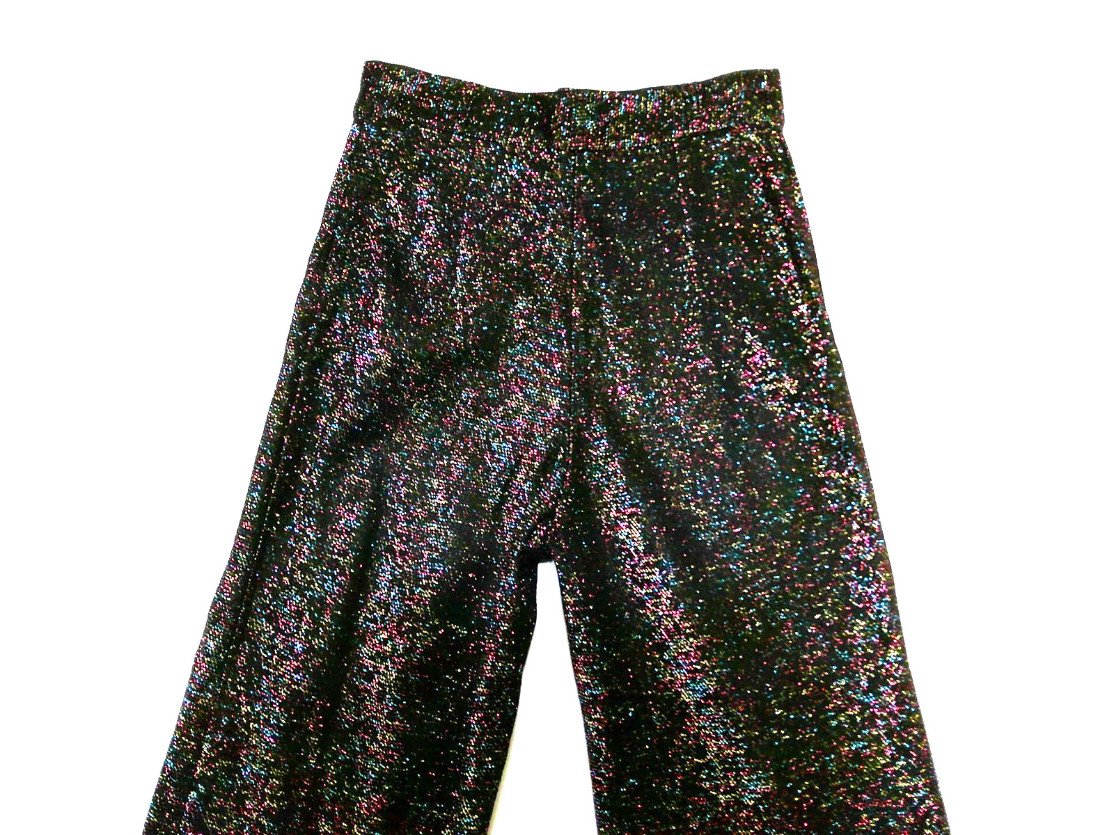 TRUE Vtg 70s GLITTER GLAM ROCK Black & Rainbow Color LUREX Flare Bell Pants XXS