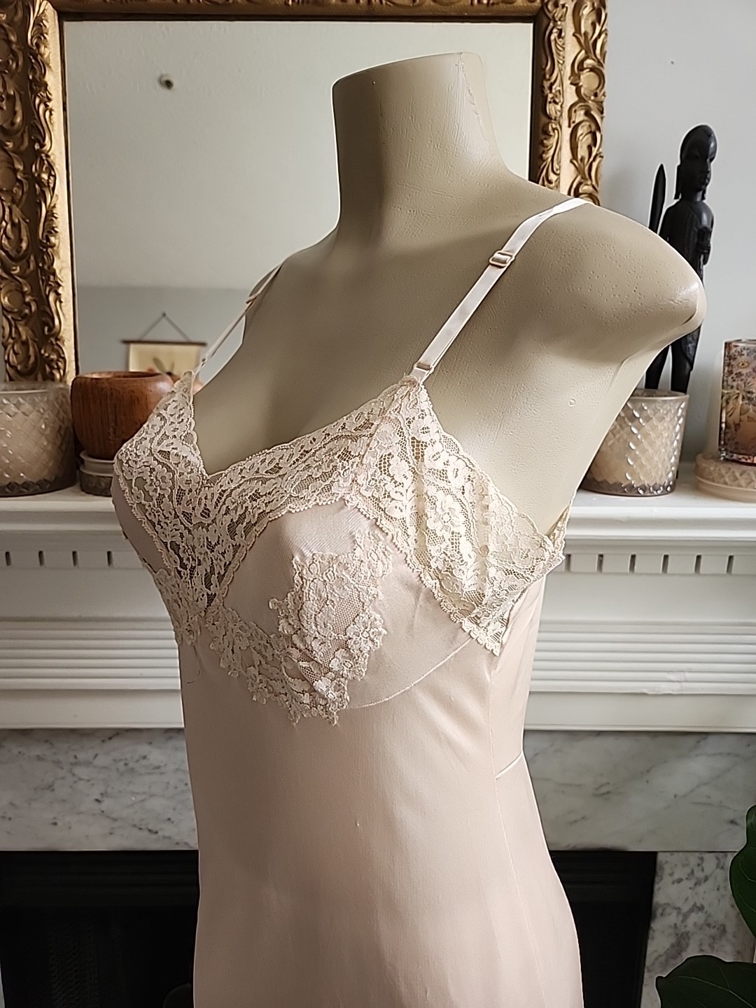 Vintage 1960s Vassarette Lace Nylon Slip 34F USA Made Nude Beige Satin Boudoir
