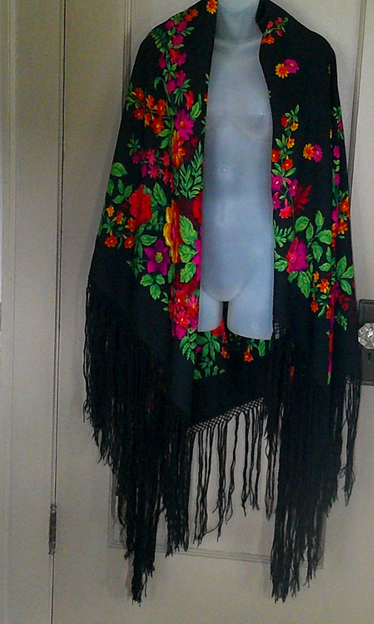 Piano Wrap Shawl Scarf Fringes Bright Floral 58X58 vintage, signed, Silk?