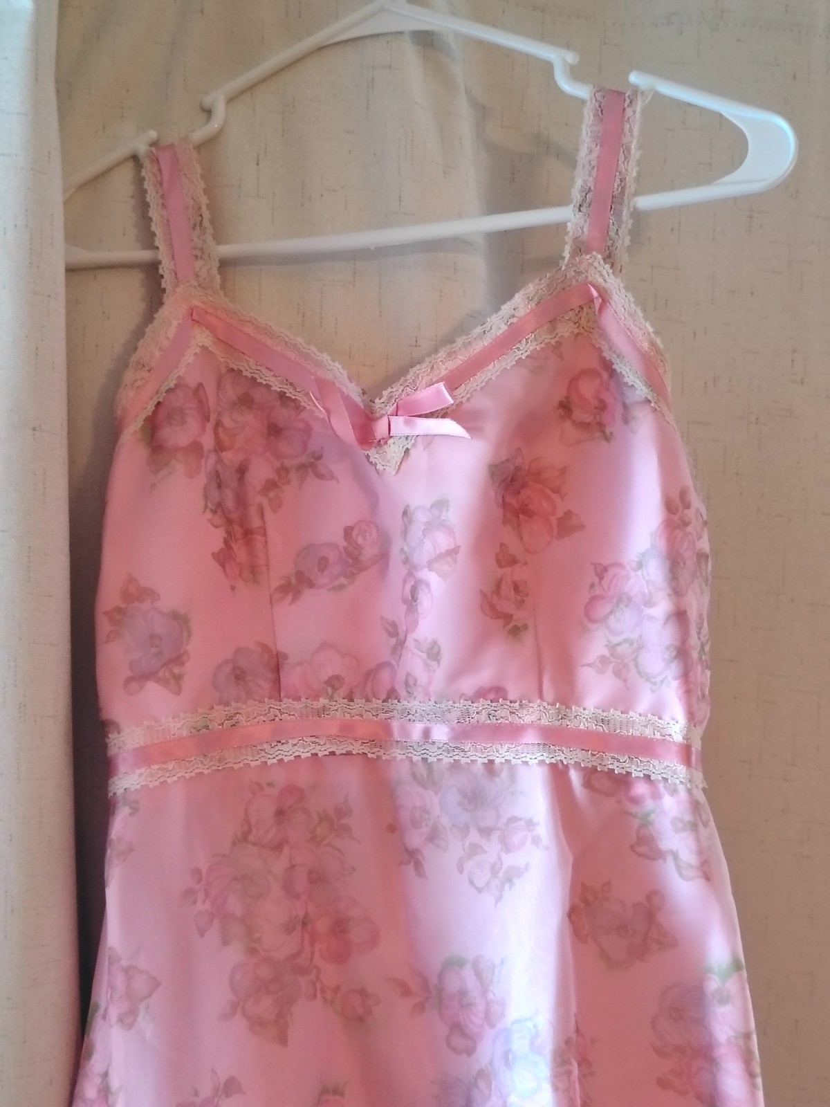 Vintage Hand Made Pink Floral Dress With Ribbon And Lace Details