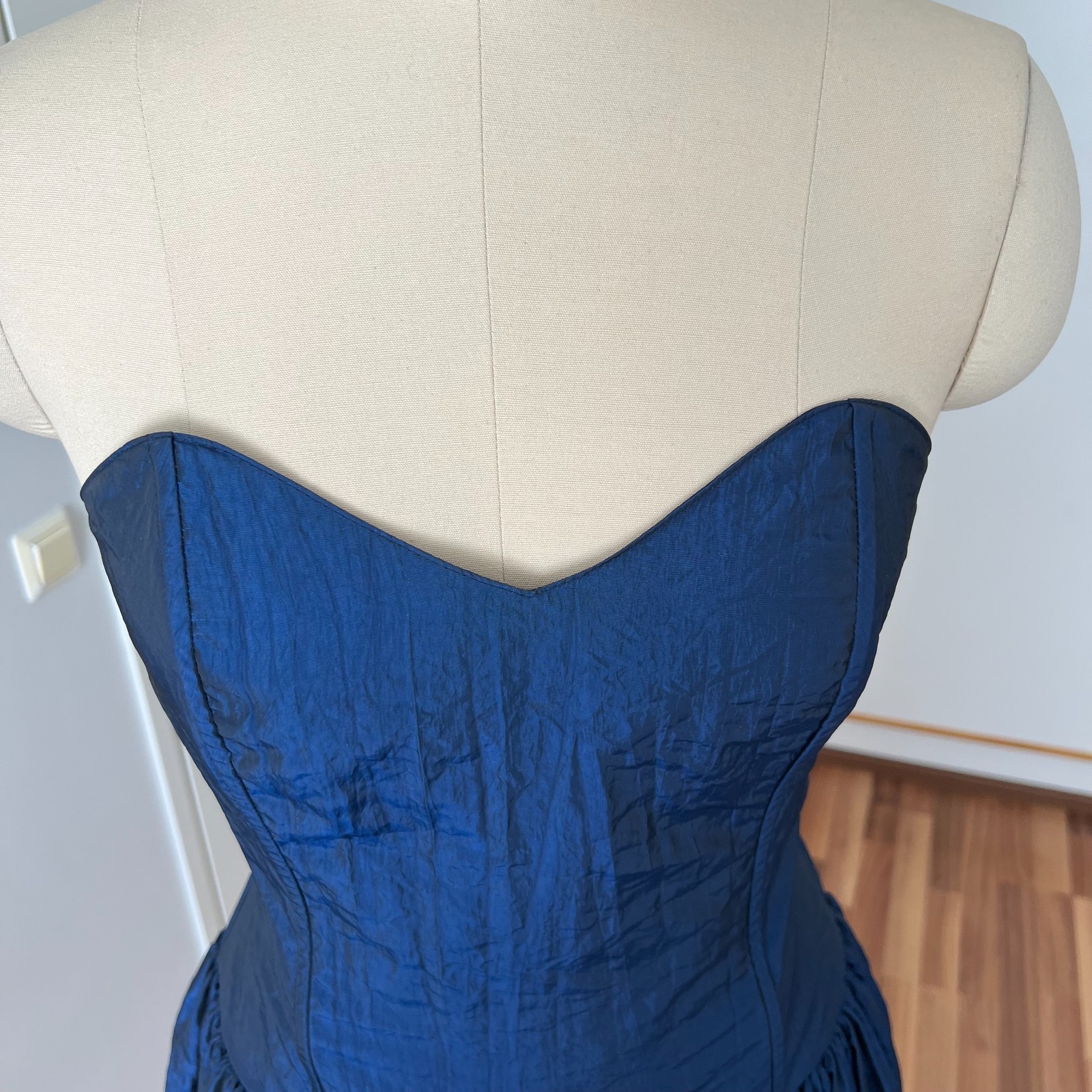 1980s Strapless Prom Party Dress Blue Taffeta Corset Bodice Cocktail Midi EU 38