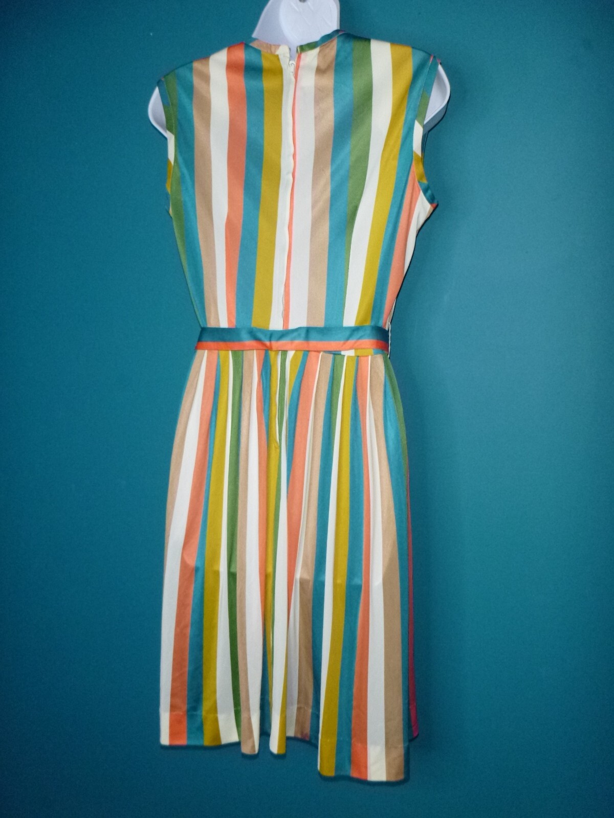 Vtg 60s Nylon Stretch Fabric Dress Multi Color Vertical Stripes Sz S/M