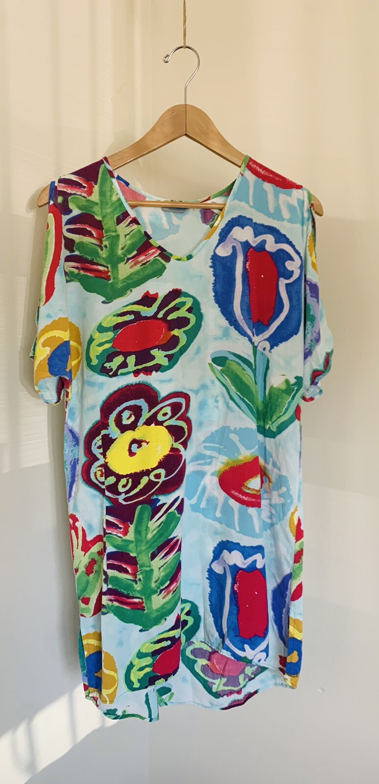 Vintage Jams World Floral Dress Cutout Shoulder 90s Tropical Beach Shift Size XS