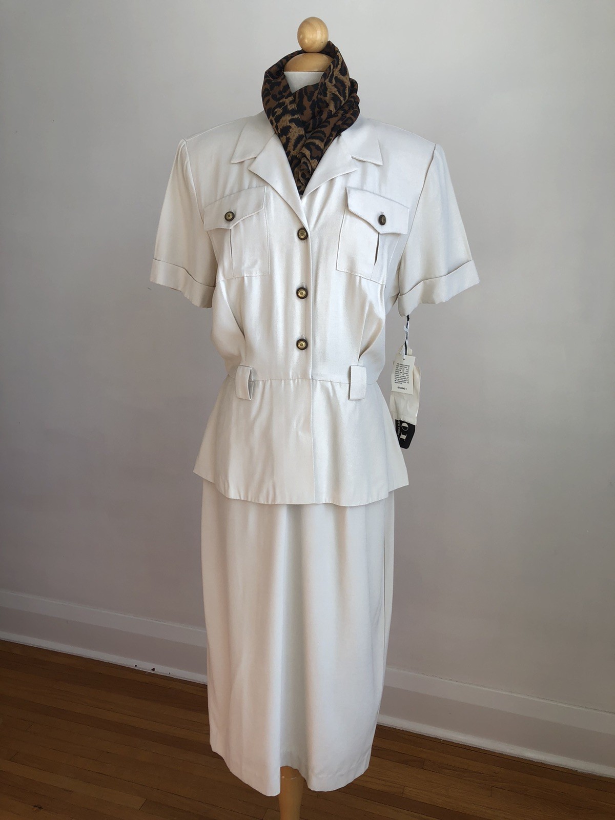 STUNNING NWT VTG STUDIO I New York Beige Bolero Button-Up Leopard Scarf Dress 12