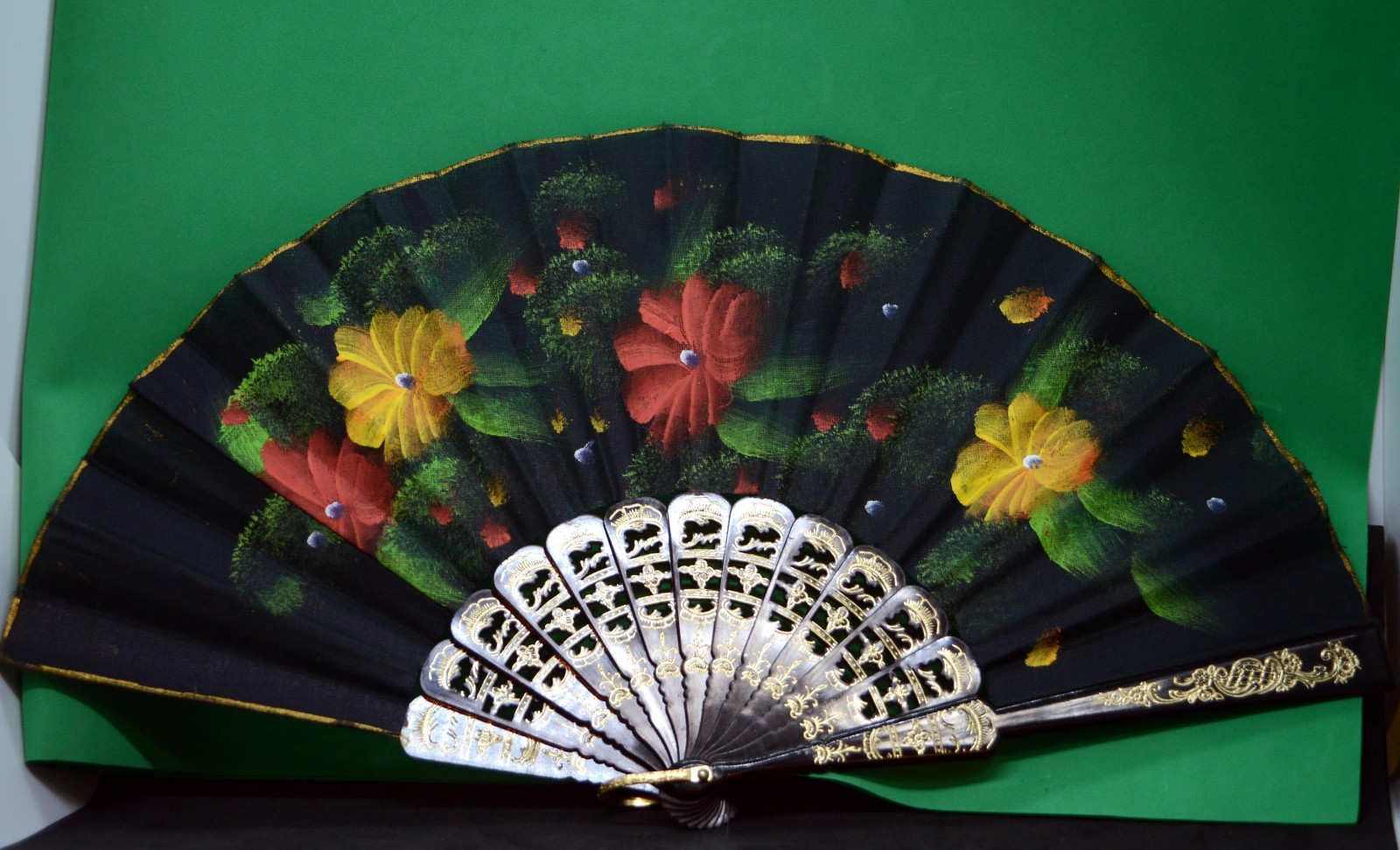 Black Fabric Floral Ladies Hand Fan