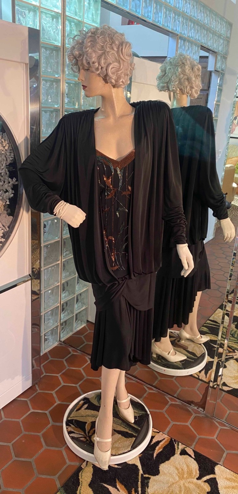 Black Art Deco Dress Beaded Drop Waist Draped Gatsby Flapper L VTG 80s Casadei