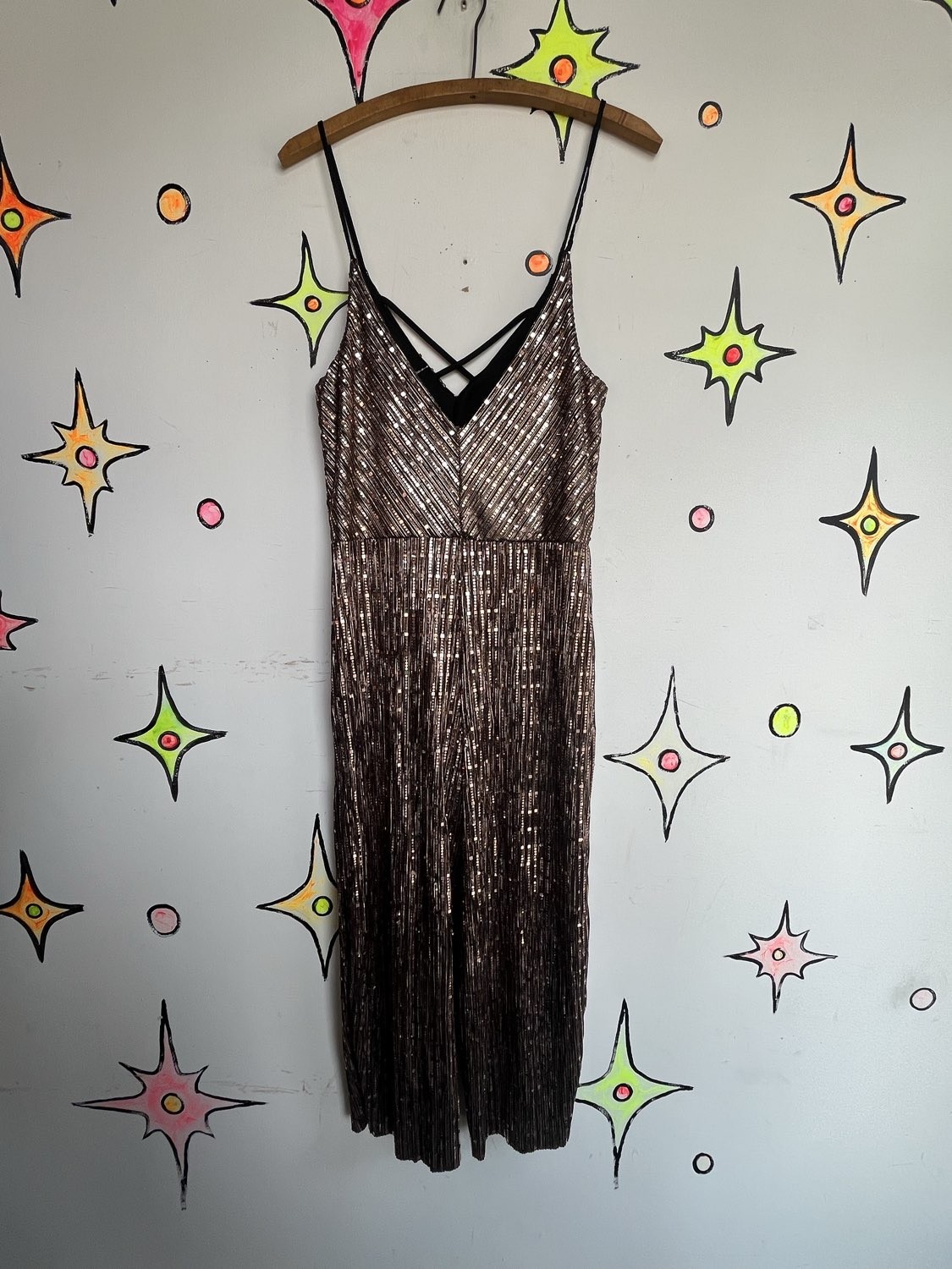 Metallic Gold Y2K Does 70s Disco Wide Leg Party Jumpsuit Retro Clubwear S/M