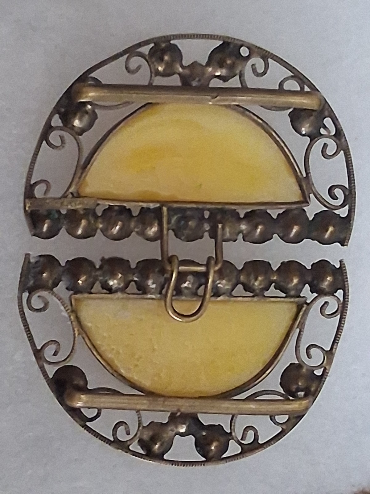 Antique Czechoslovakia belt buckle, yellow bohemian glass & crystals, filigree