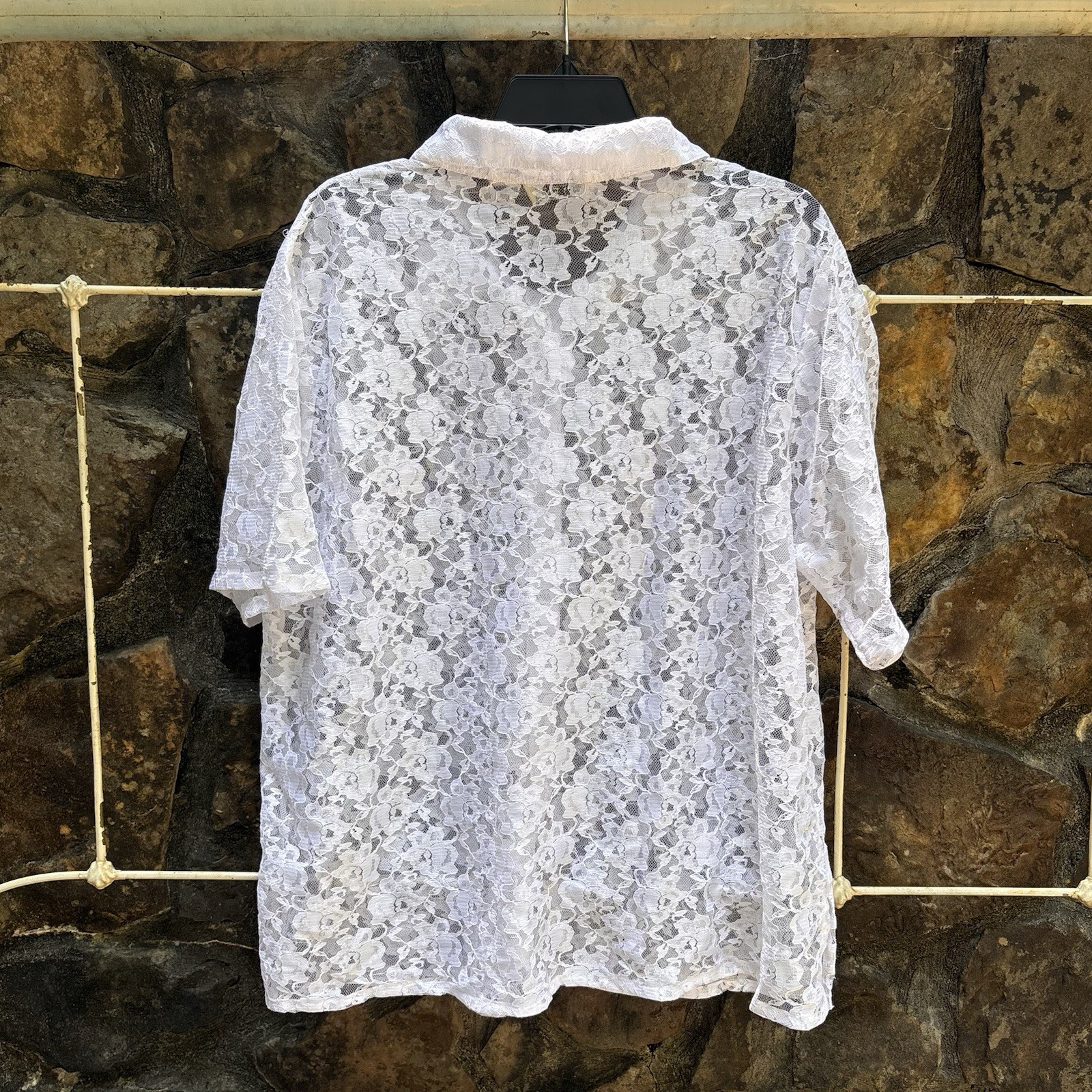 VTG 90s Y2K Selene Sport Sheer White Floral Lace Button Up Shirt Blouse Plus 2X