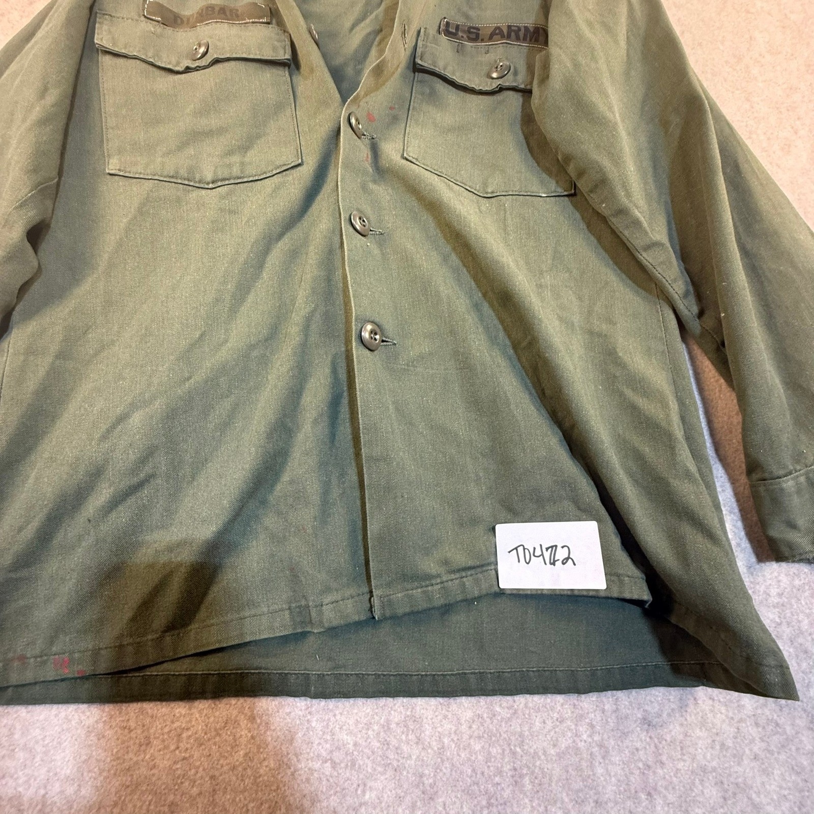 Vintage US Army OG-107 Sateen Utility Shirt Dunbar Name Tape Green Field Jacket