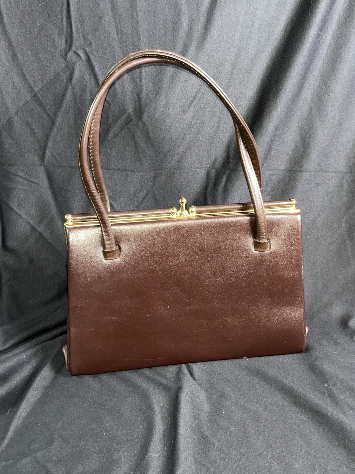 Lovely Vintage Mahogany Leather Handbag w/ Gold-Tone Clasp, Made in England