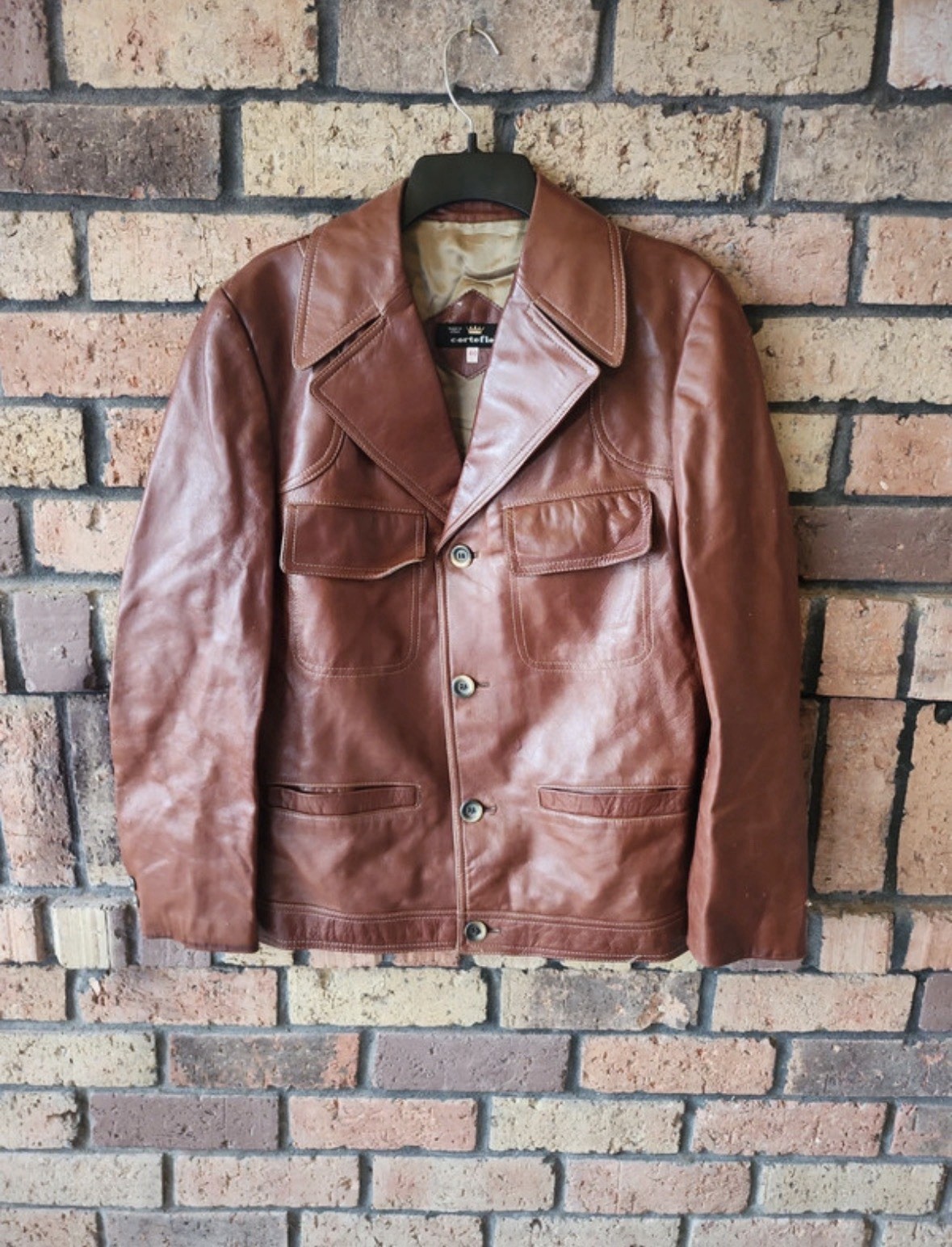 Cortefiel Men’s Brown Leather Basic Jacket Size 40 Brown Leather Made in Spain