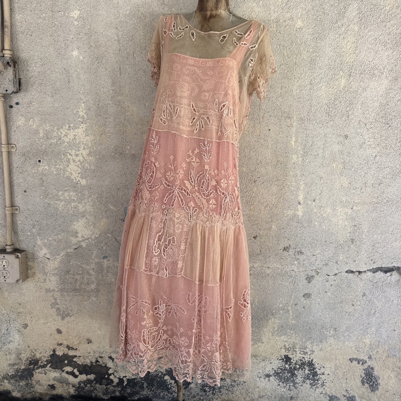 Antique 1920s Cotton Candy Pink French Filet Net Lace &Silk Dress Eyelet Vintage
