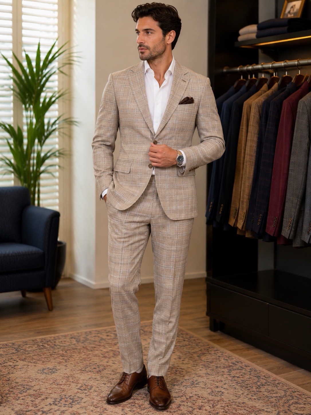 Giorgio Fiorelli Beige Plaid Suit 44R/38W Modern Fit 2 Button Formal