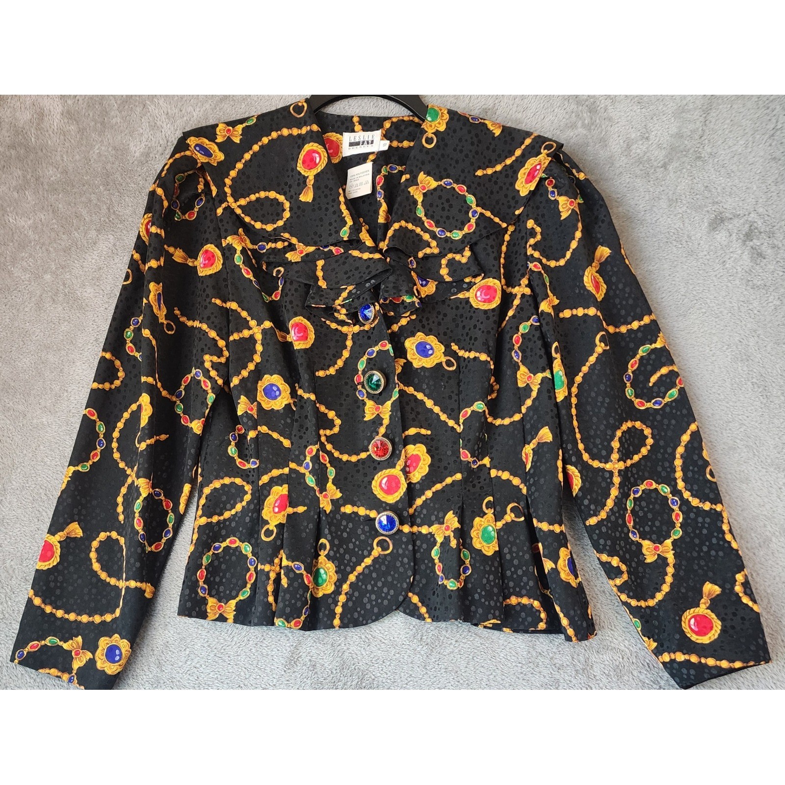 Leslie Fay Skirt Suit Set Womens Size 10 Black Gold Chain Jewel Print Vintage