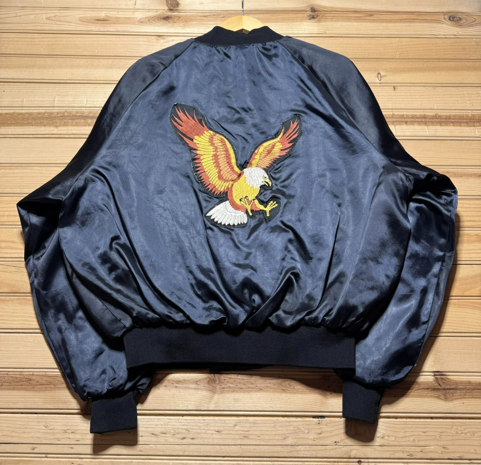 Vintage 80s 90s Airborne Vet Psycho Big Eagle Patch Satin Bomber Jacket – Large