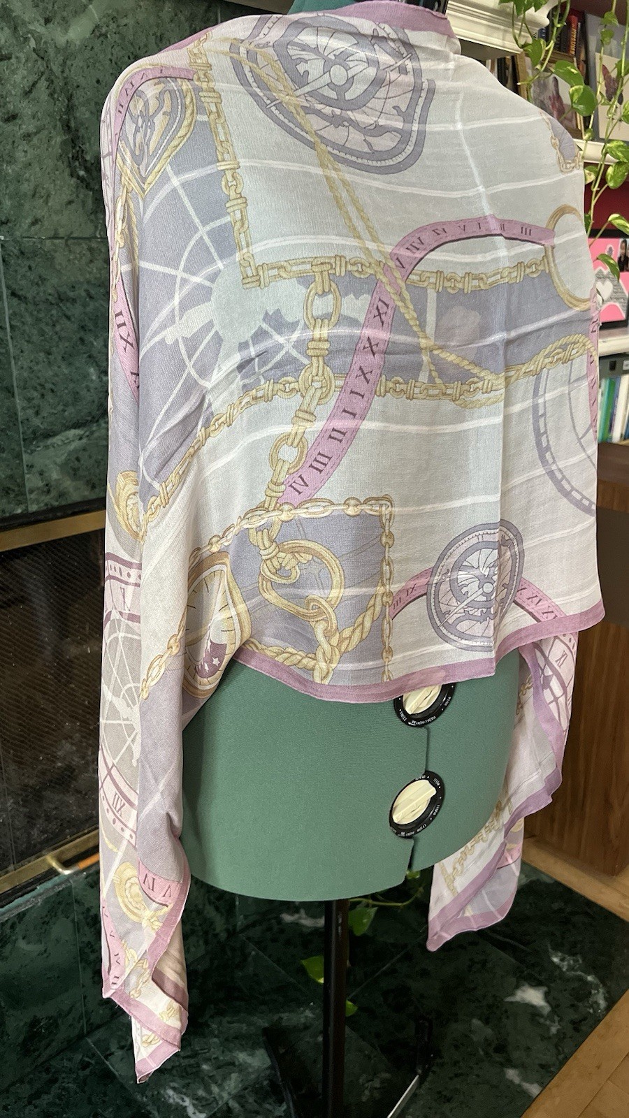 Renoma Vintage Silk Scarf Pink Lavender Clock Print Shawl Wrap Gold Metallic Gor