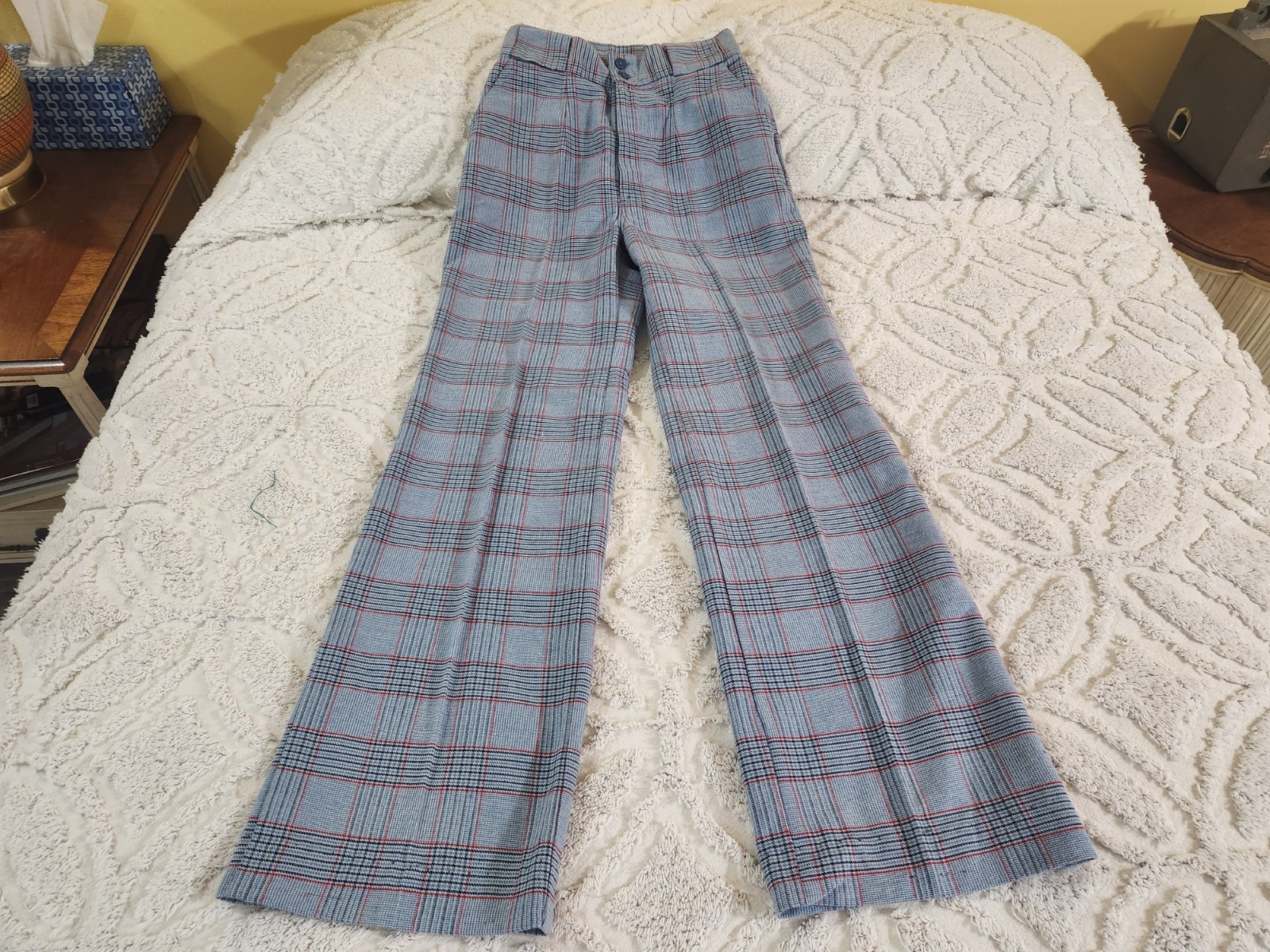 Vintage Levi’s Plaid Disco Pants 70’s Cursive L Blue – Bells / Flares 26 /30 1/2