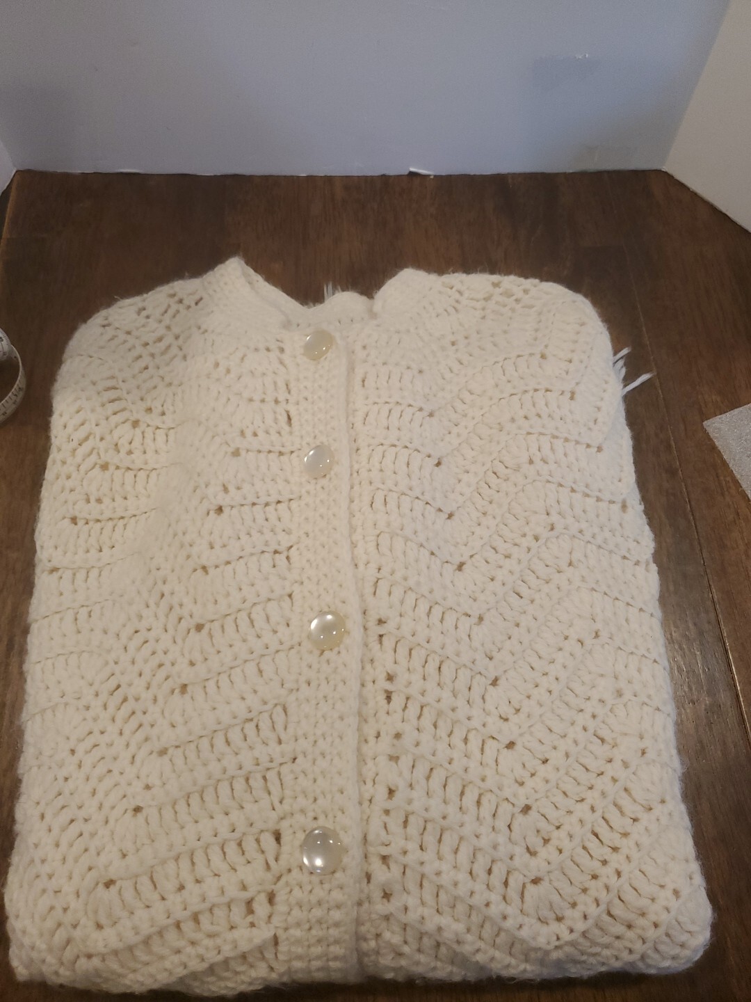 Vintage 1970s Crocheted Zigzag Button Down Poncho Shawl Ivory Fringe Boho