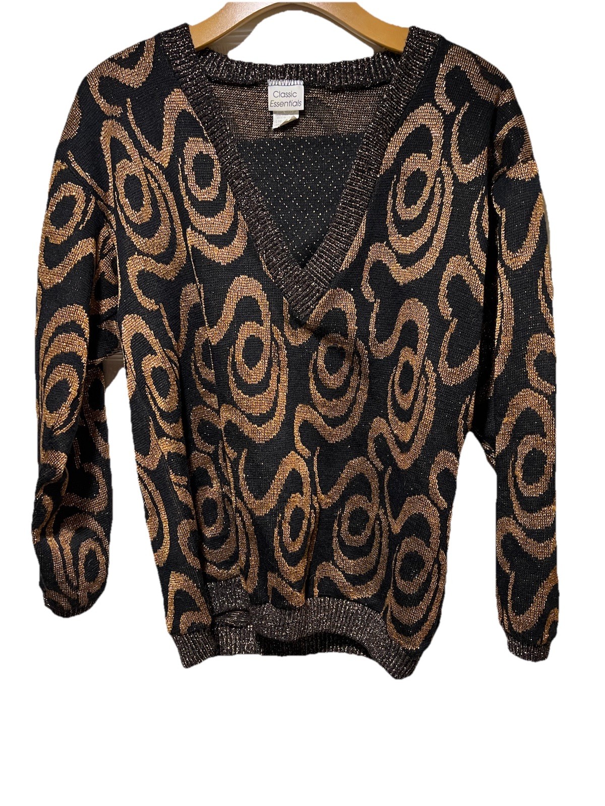 Vintage 80s/90s Metallic Sparkle Gold Black Sweater Sz M Retro Disco Glam Party