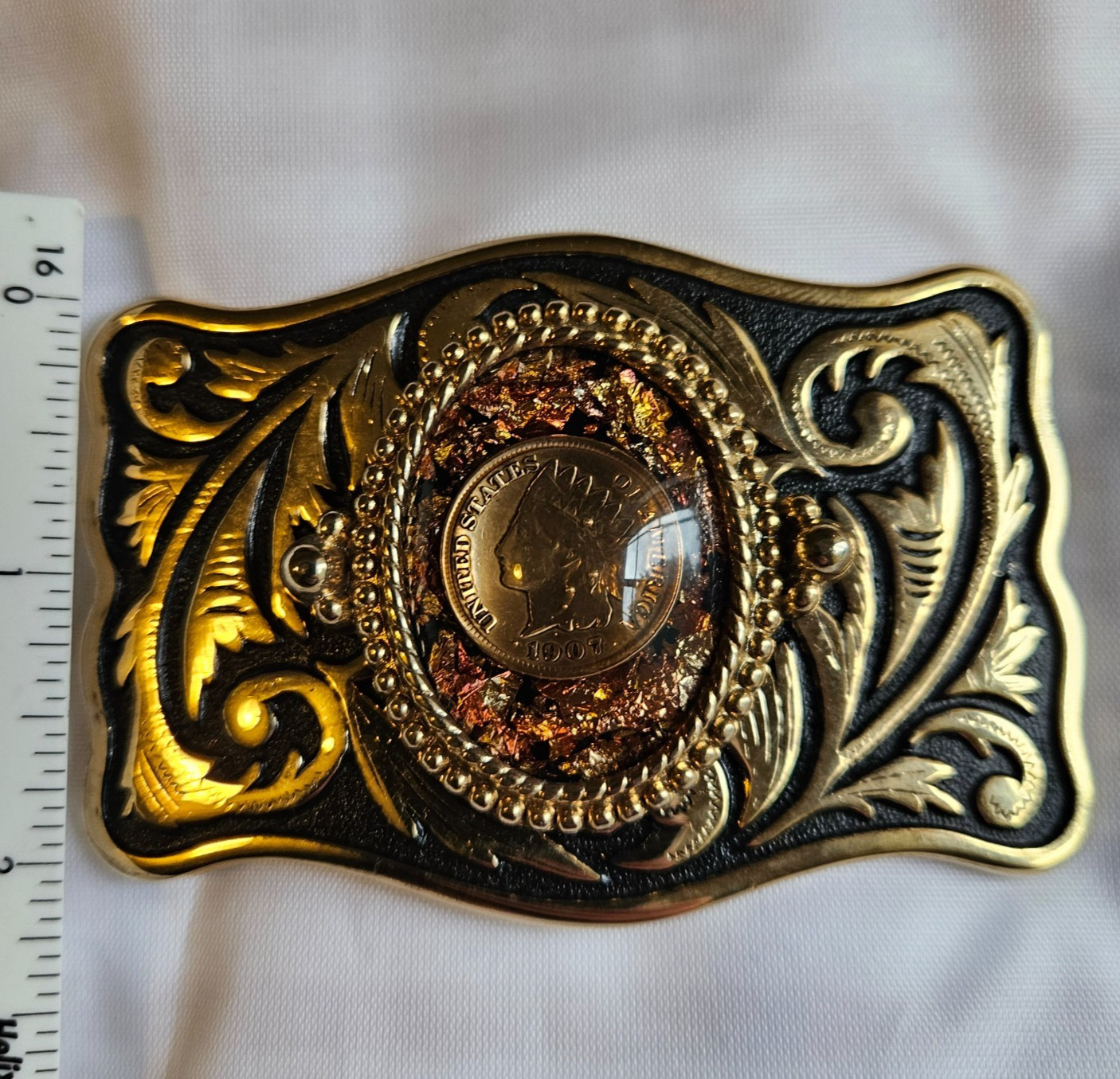 1907 Indian Head Penny Belt Buckle gold tone copper flecks and resin