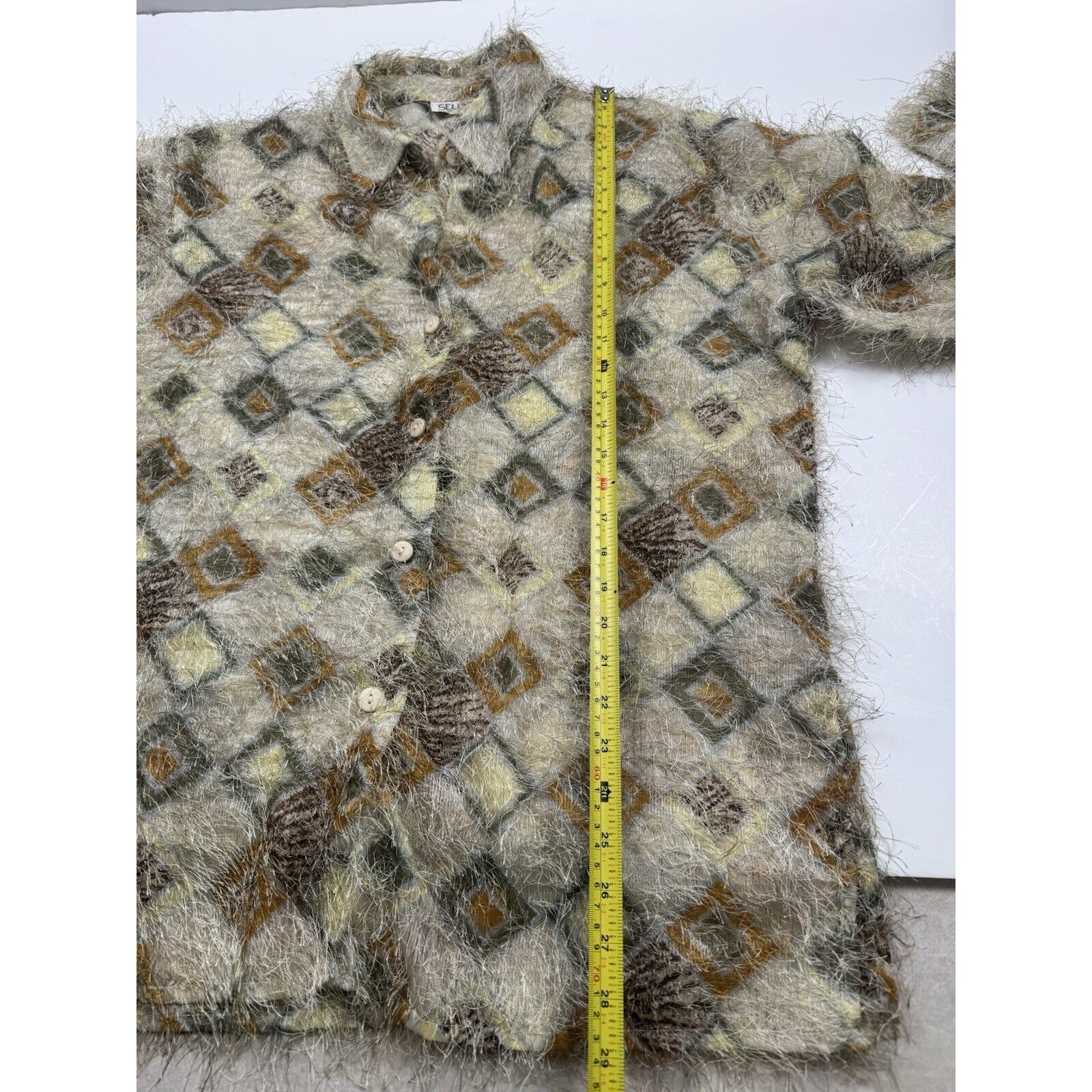 Vintage Art Deco Top Women’s XL Retro Fuzzy Eyelash Detail Shirt Geometric