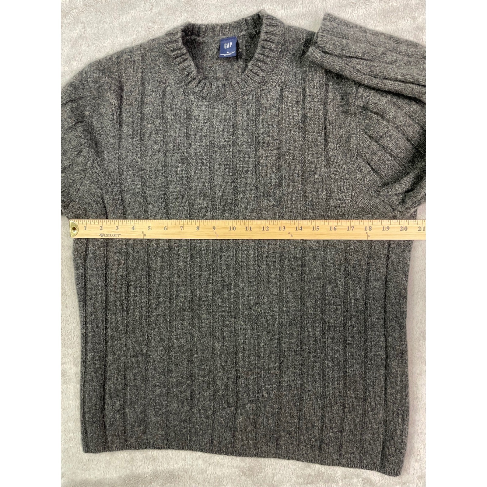 GAP Mens Sweater Large Gray 100% Lambswool Ribbed Knit Crewneck Pullover Vintage